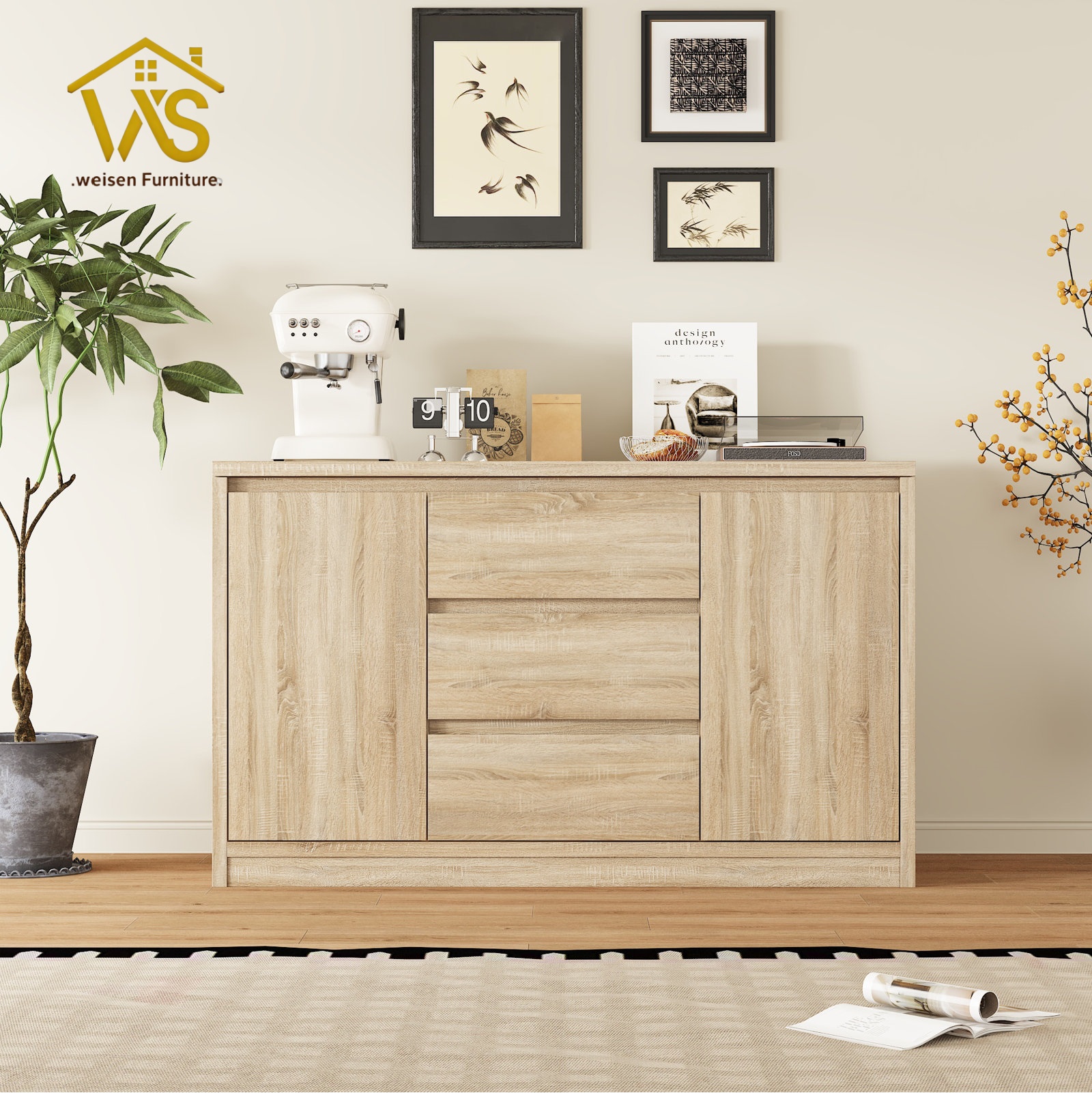 55 Inch Sideboard Buffet with Large Flip Top Hidden Compartment, Rustic Wood Grain Concealed Storage Credenza
