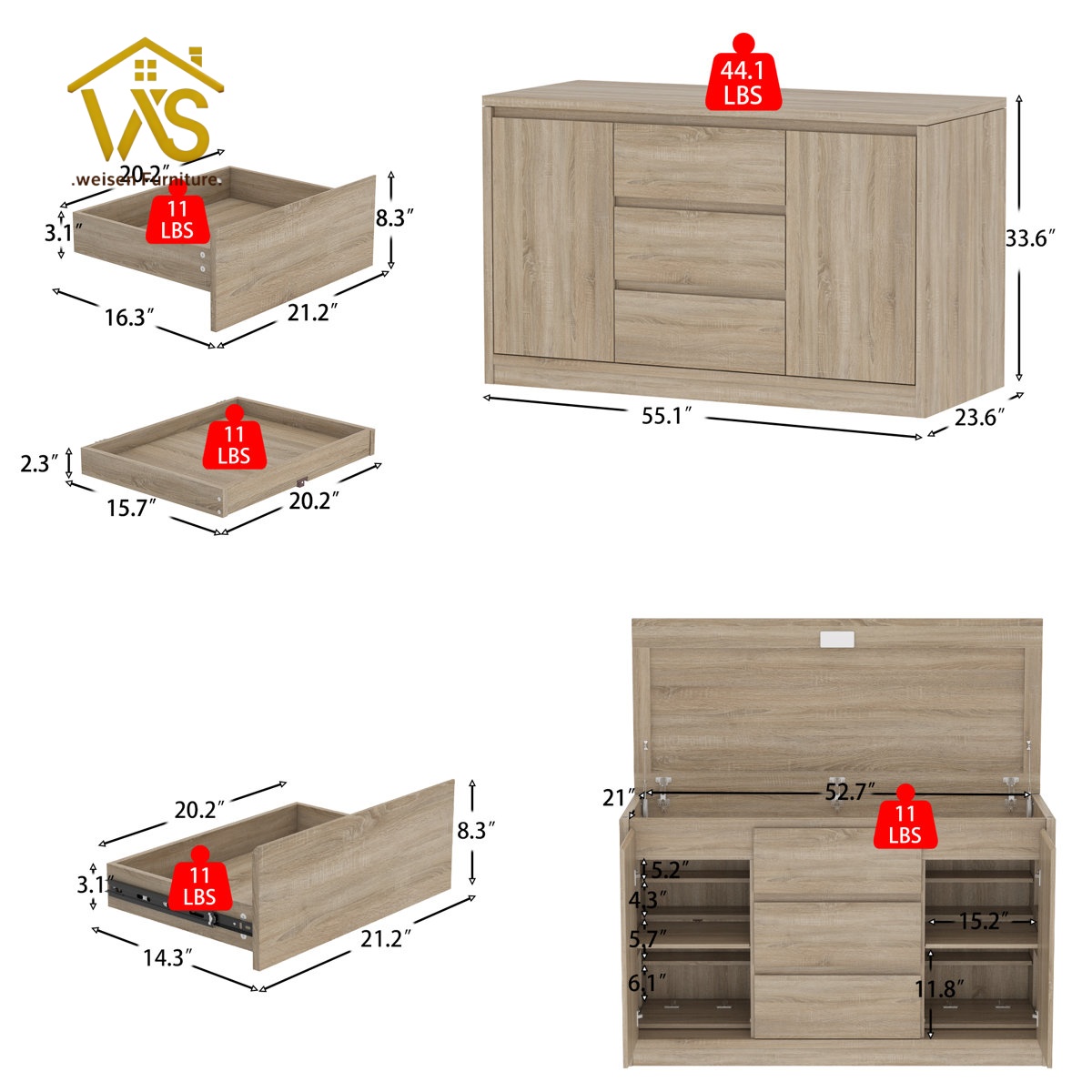 55 Inch Sideboard Buffet with Large Flip Top Hidden Compartment, Rustic Wood Grain Concealed Storage Credenza