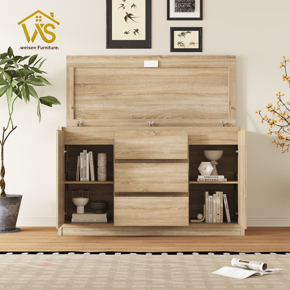 55 Inch Sideboard Buffet with Large Flip Top Hidden Compartment, Rustic Wood Grain Concealed Storage Credenza