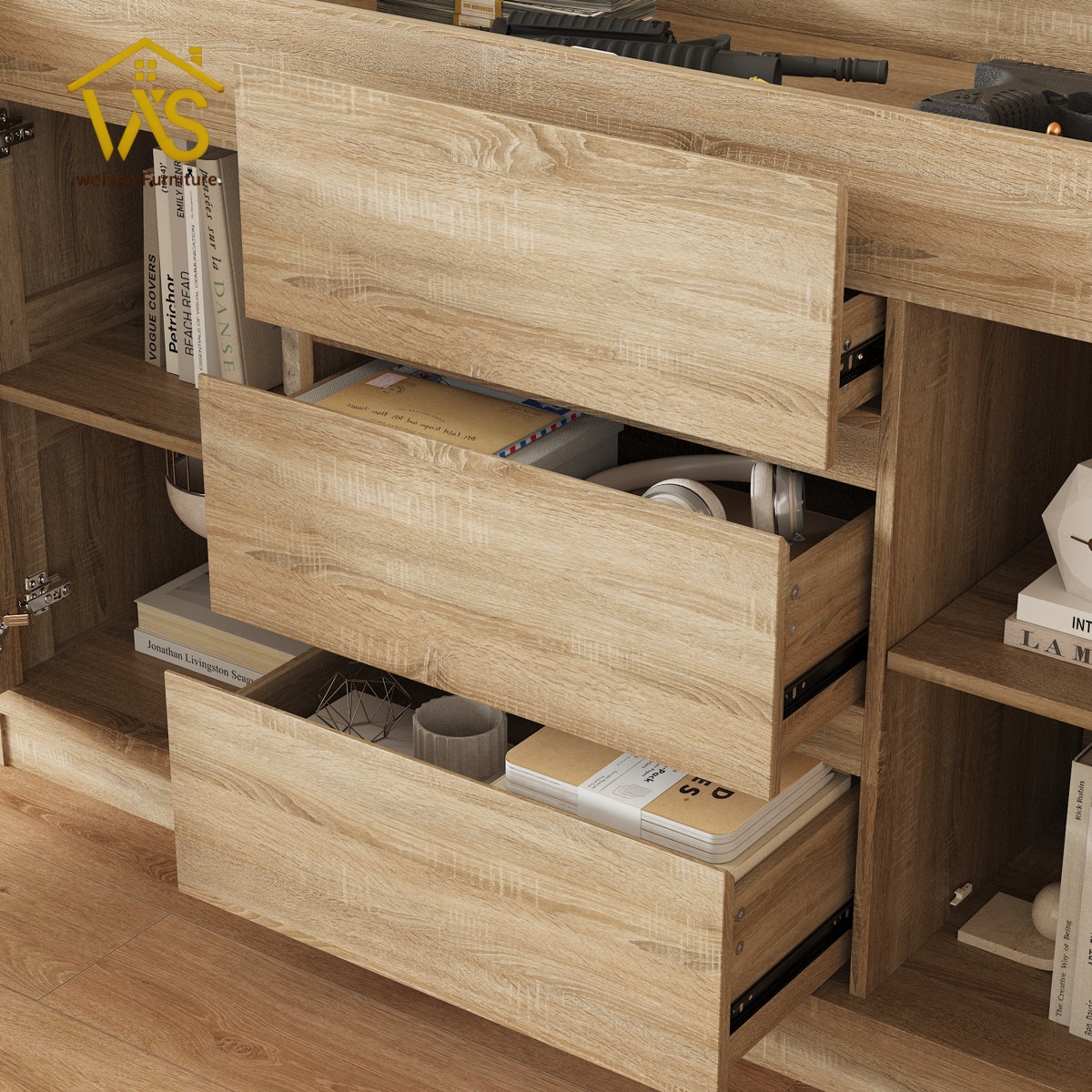 55 Inch Sideboard Buffet with Large Flip Top Hidden Compartment, Rustic Wood Grain Concealed Storage Credenza