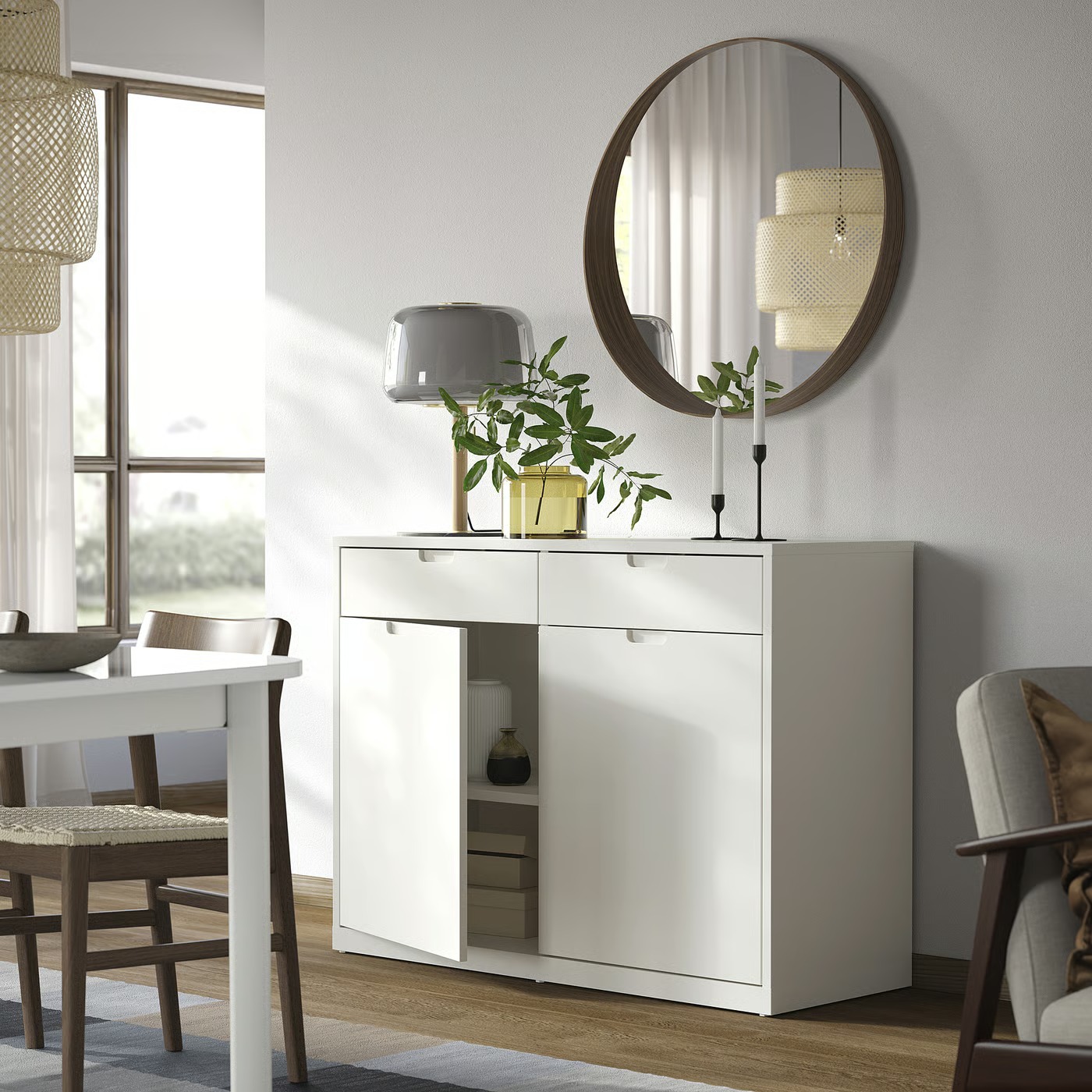119.6cm Scandinavian Freestanding Low Storage Credenza, Simple Matte White 2 Drawer 2 Door Side Cabinet with Spacious Internal Space for Apartment Kitchen Bedroom