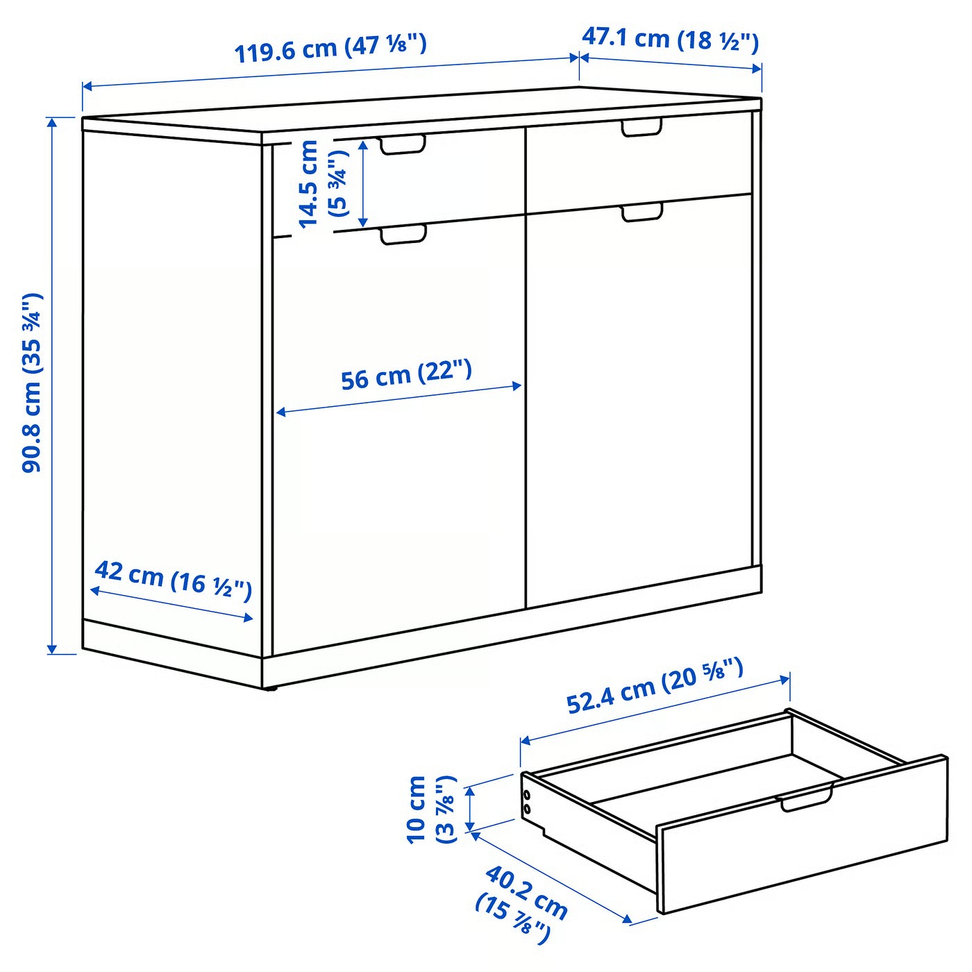 119.6cm Scandinavian Freestanding Low Storage Credenza, Simple Matte White 2 Drawer 2 Door Side Cabinet with Spacious Internal Space for Apartment Kitchen Bedroom