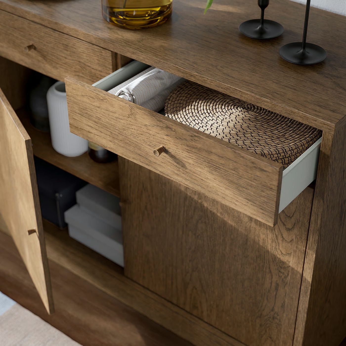 202cm Long Horizontal Rustic Wood Grain Freestanding Credenza, Multi-Door Enclosed Storage Side Cabinet with Round Wood Knobs & Large Display Top for Apartment Entryway Bedroom