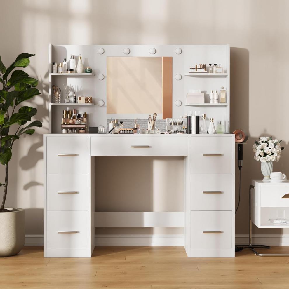 Modern grey bedroom cosmetic vanity station with multi pull-out drawers