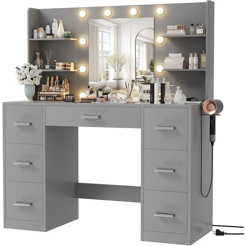 Modern grey bedroom cosmetic vanity station with multi pull-out drawers