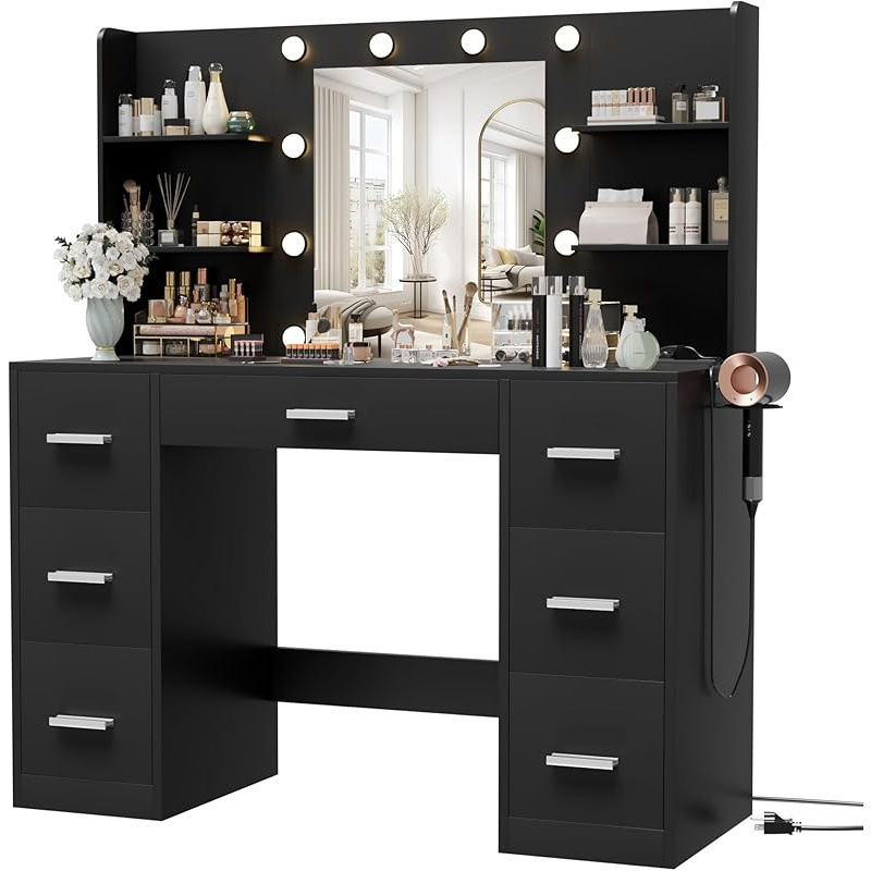 Modern grey bedroom cosmetic vanity station with multi pull-out drawers
