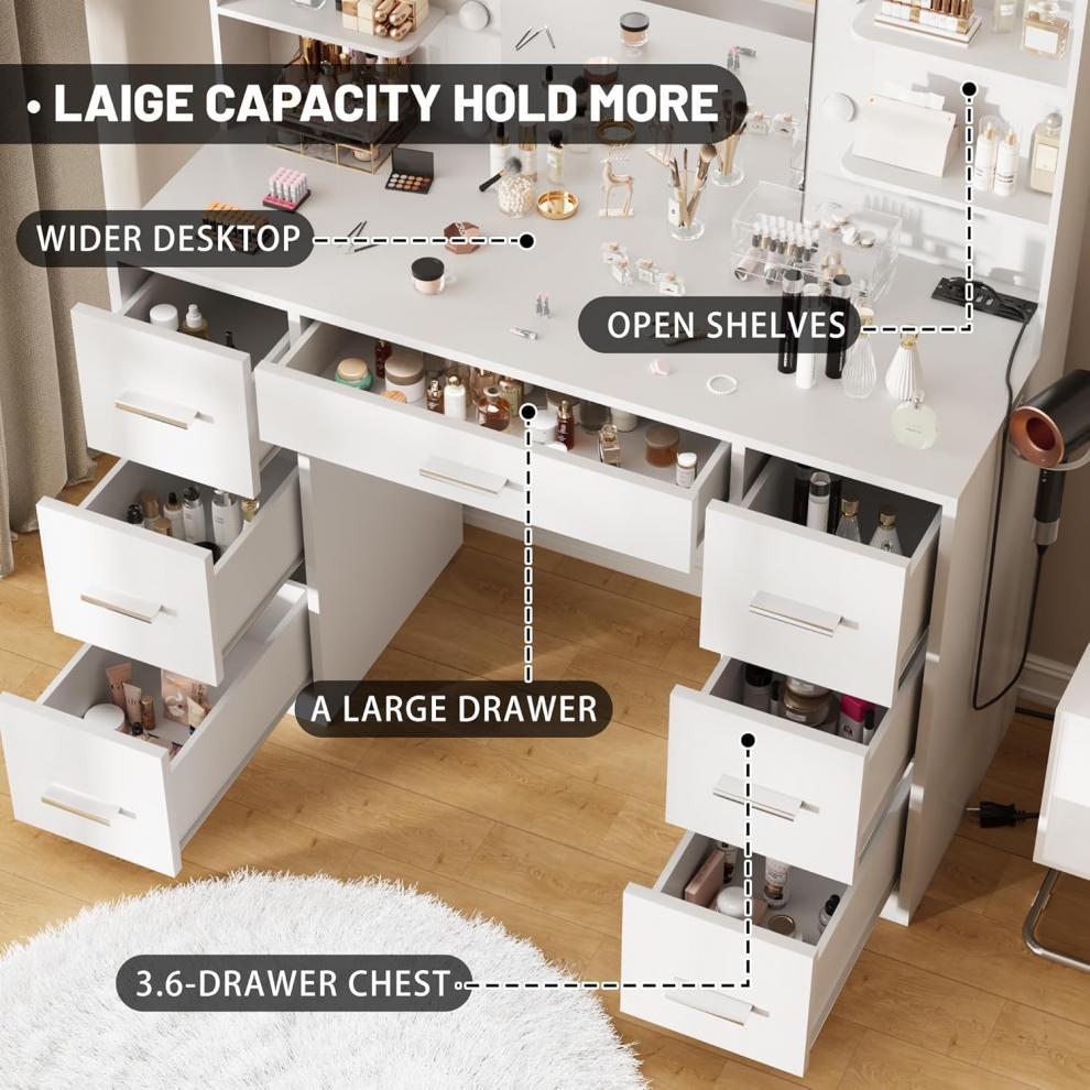 Modern grey bedroom cosmetic vanity station with multi pull-out drawers