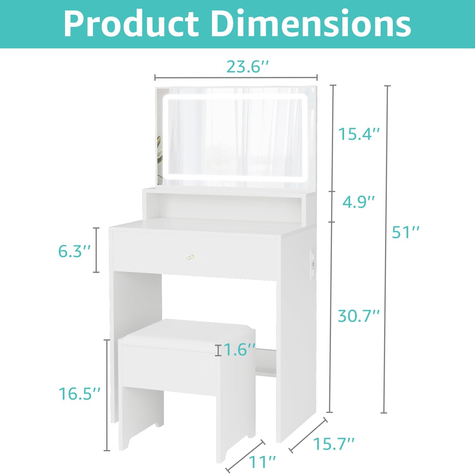 23.6 Inch Small Space Makeup Vanity Table with LED Light Mirror, Single Drawer, Built-in Power Strip and Padded Stool, Modern White Bedroom Cosmetic Dressing Table Set for Apartment