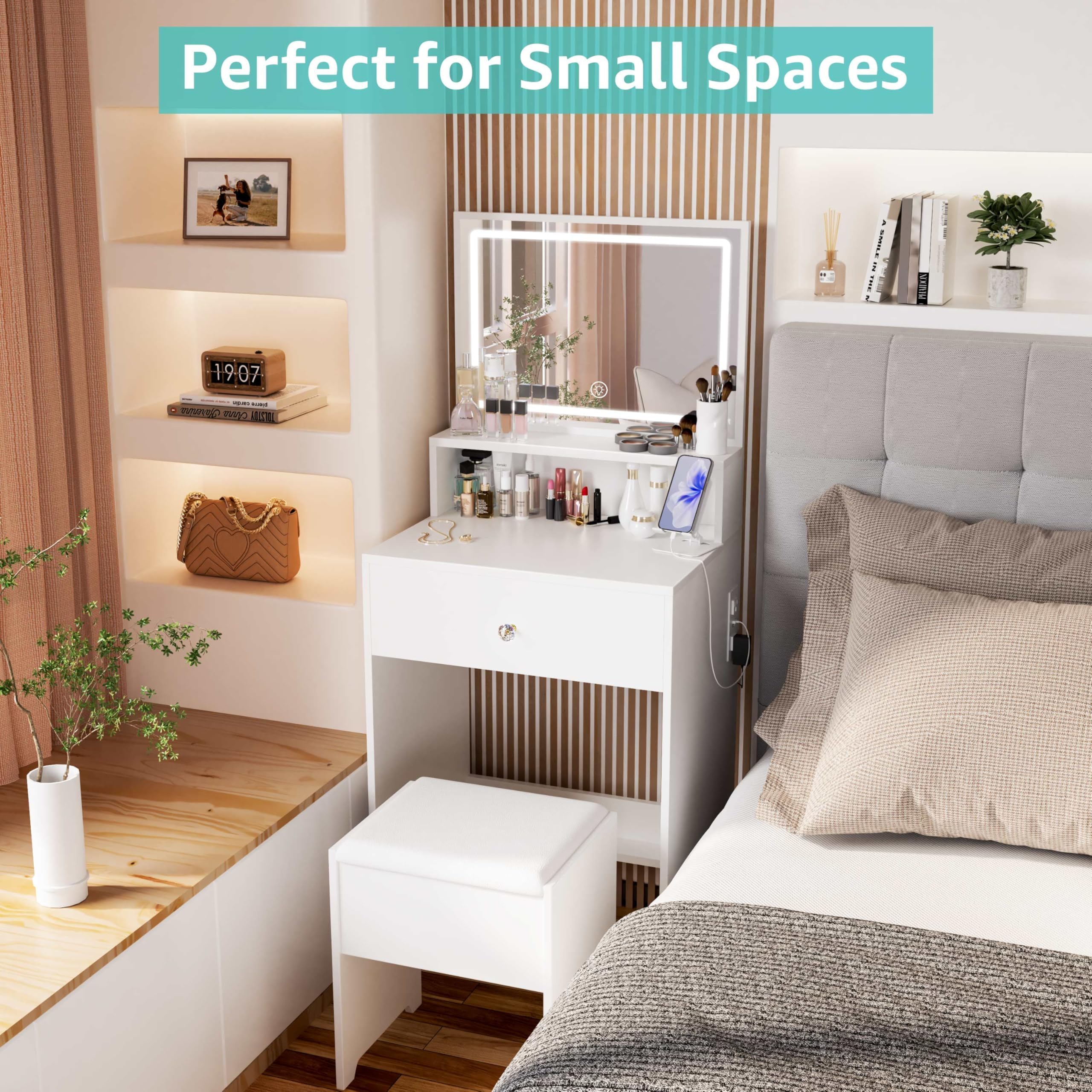 23.6 Inch Small Space Makeup Vanity Table with LED Light Mirror, Single Drawer, Built-in Power Strip and Padded Stool, Modern White Bedroom Cosmetic Dressing Table Set for Apartment
