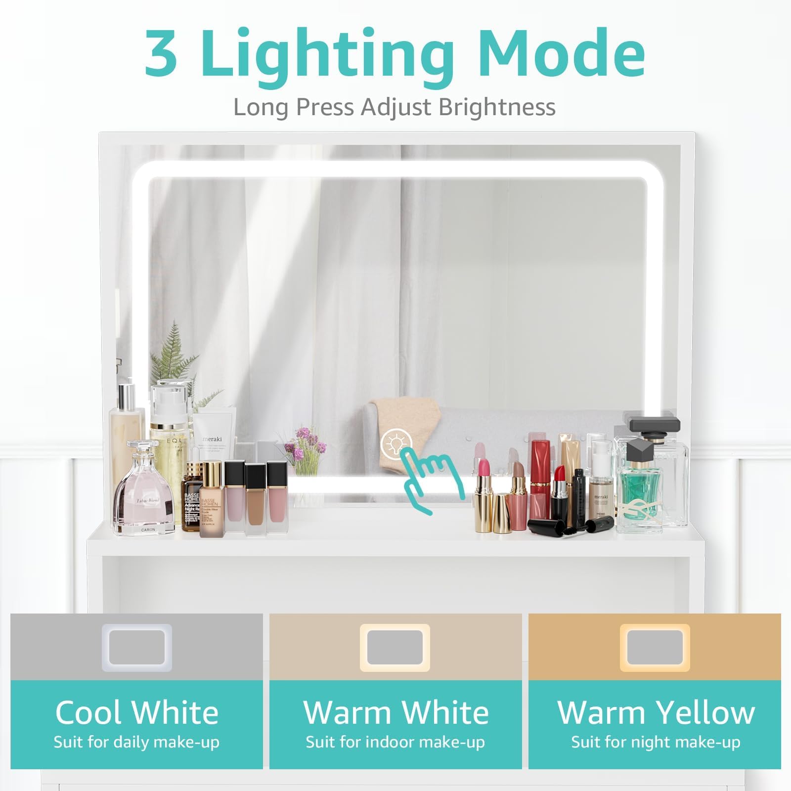 23.6 Inch Small Space Makeup Vanity Table with LED Light Mirror, Single Drawer, Built-in Power Strip and Padded Stool, Modern White Bedroom Cosmetic Dressing Table Set for Apartment