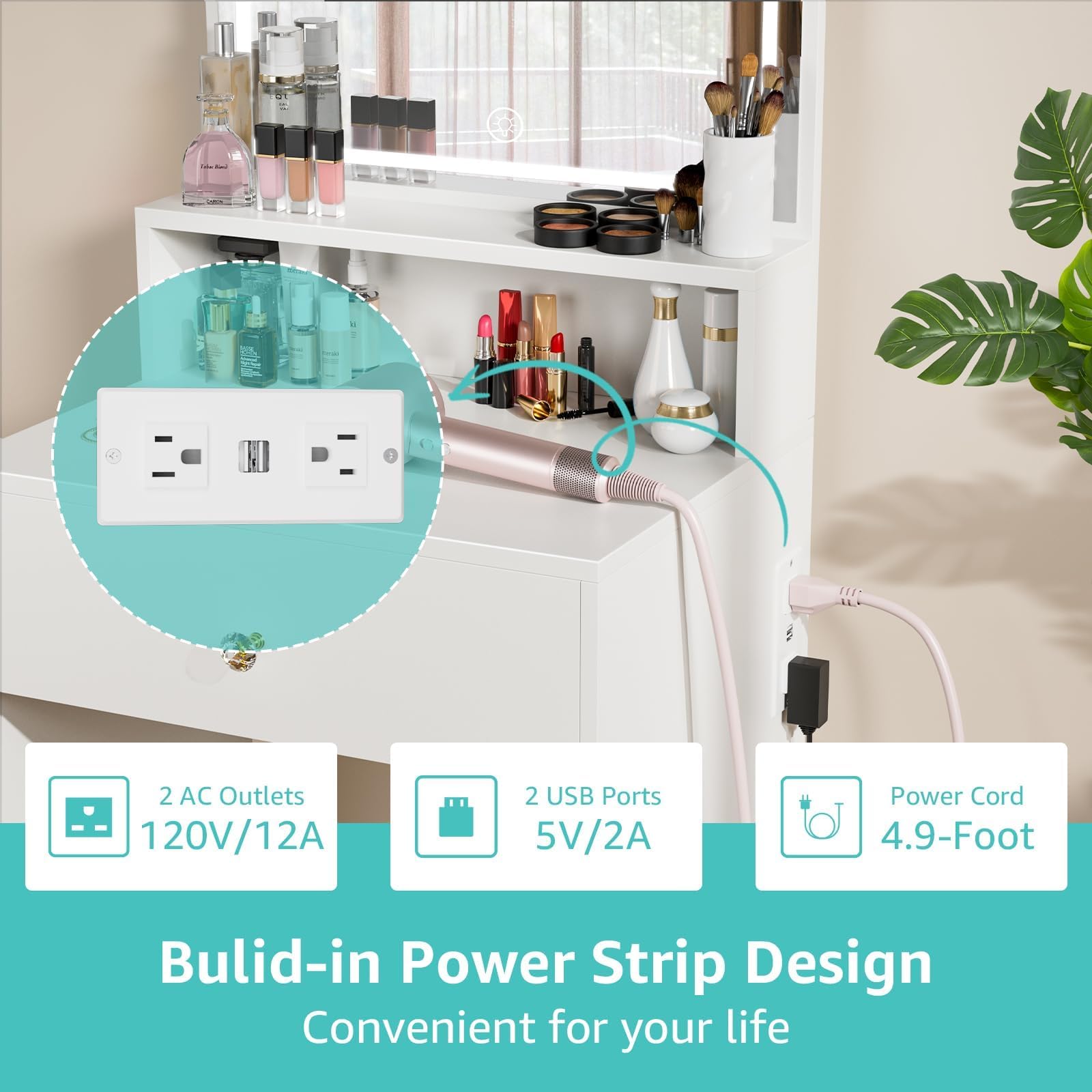 23.6 Inch Small Space Makeup Vanity Table with LED Light Mirror, Single Drawer, Built-in Power Strip and Padded Stool, Modern White Bedroom Cosmetic Dressing Table Set for Apartment