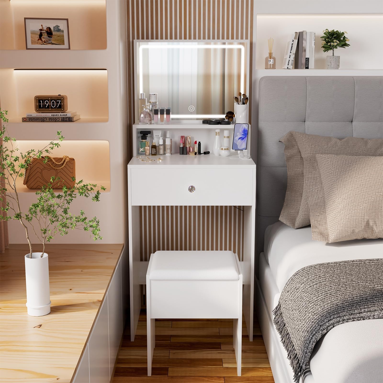 23.6 Inch Small Space Makeup Vanity Table with LED Light Mirror, Single Drawer, Built-in Power Strip and Padded Stool, Modern White Bedroom Cosmetic Dressing Table Set for Apartment