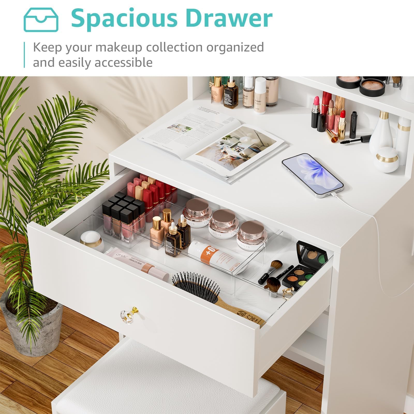 23.6 Inch Small Space Makeup Vanity Table with LED Light Mirror, Single Drawer, Built-in Power Strip and Padded Stool, Modern White Bedroom Cosmetic Dressing Table Set for Apartment