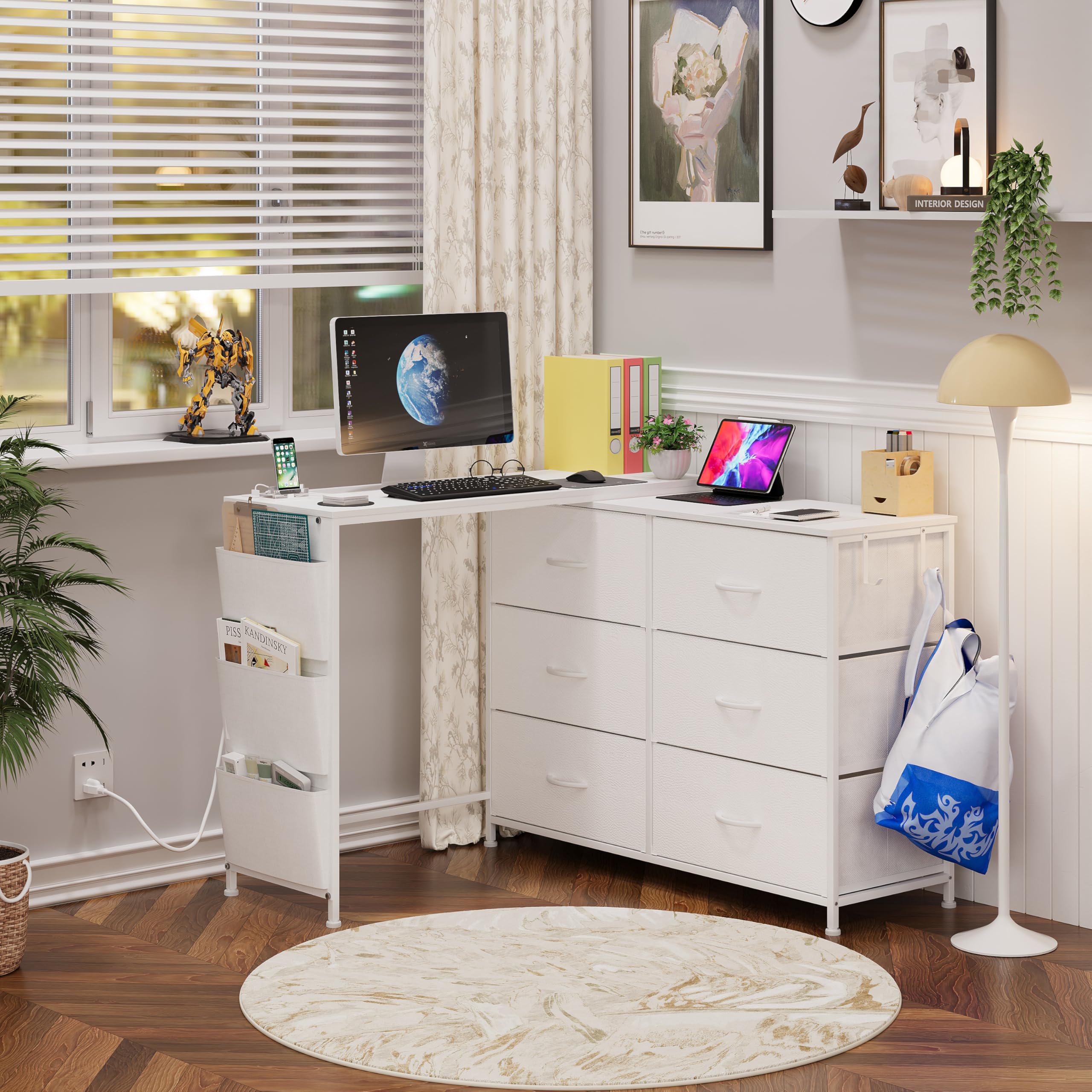 White L-Shaped Makeup Vanity Desk with 6 Storage Drawers, Built-in Power Outlet, Side Pockets and Hooks, Multi-Functional Bedroom Dressing Table Computer Desk