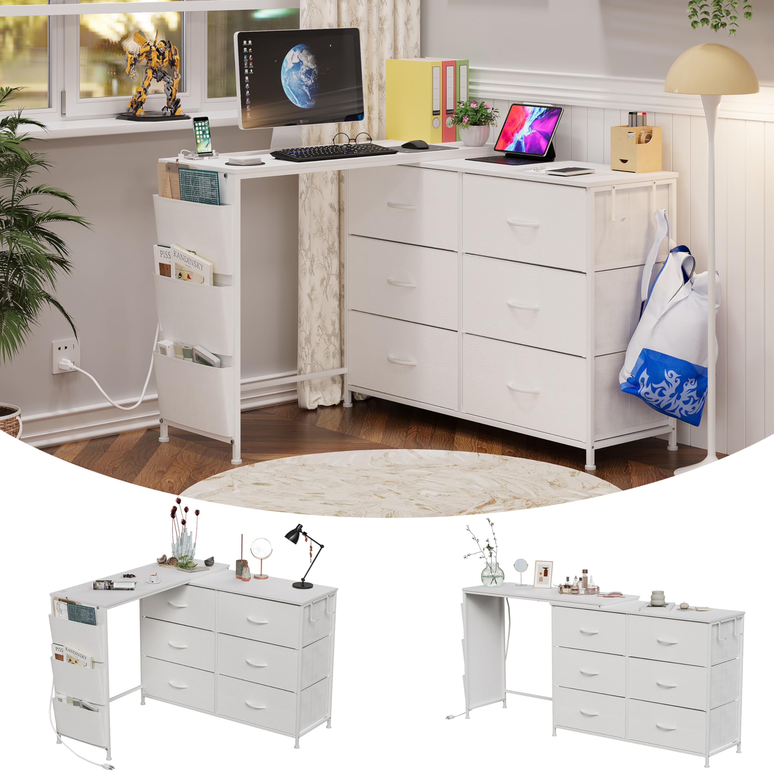 White L-Shaped Makeup Vanity Desk with 6 Storage Drawers, Built-in Power Outlet, Side Pockets and Hooks, Multi-Functional Bedroom Dressing Table Computer Desk