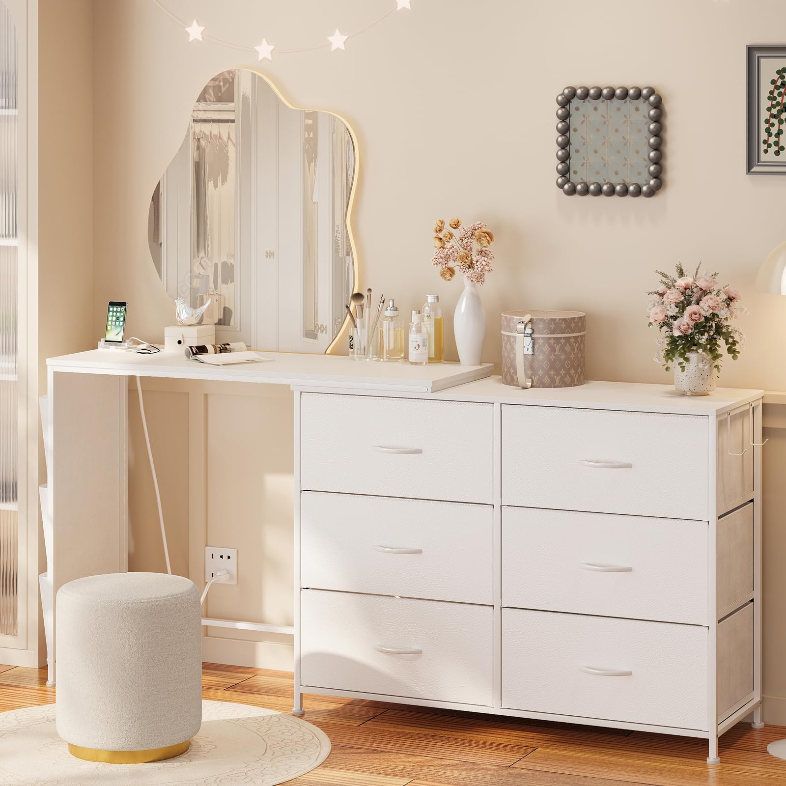 White L-Shaped Makeup Vanity Desk with 6 Storage Drawers, Built-in Power Outlet, Side Pockets and Hooks, Multi-Functional Bedroom Dressing Table Computer Desk