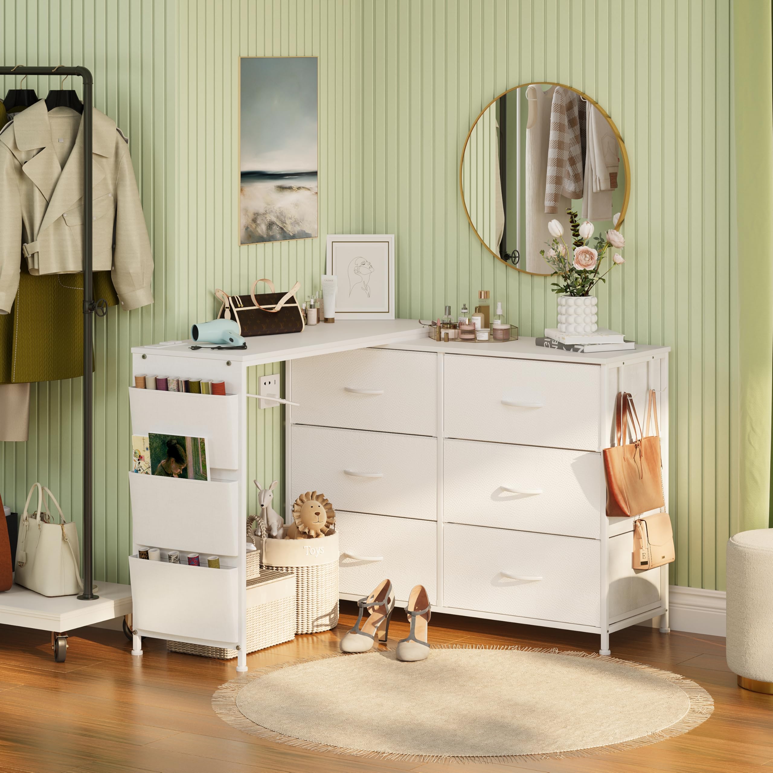 White L-Shaped Makeup Vanity Desk with 6 Storage Drawers, Built-in Power Outlet, Side Pockets and Hooks, Multi-Functional Bedroom Dressing Table Computer Desk