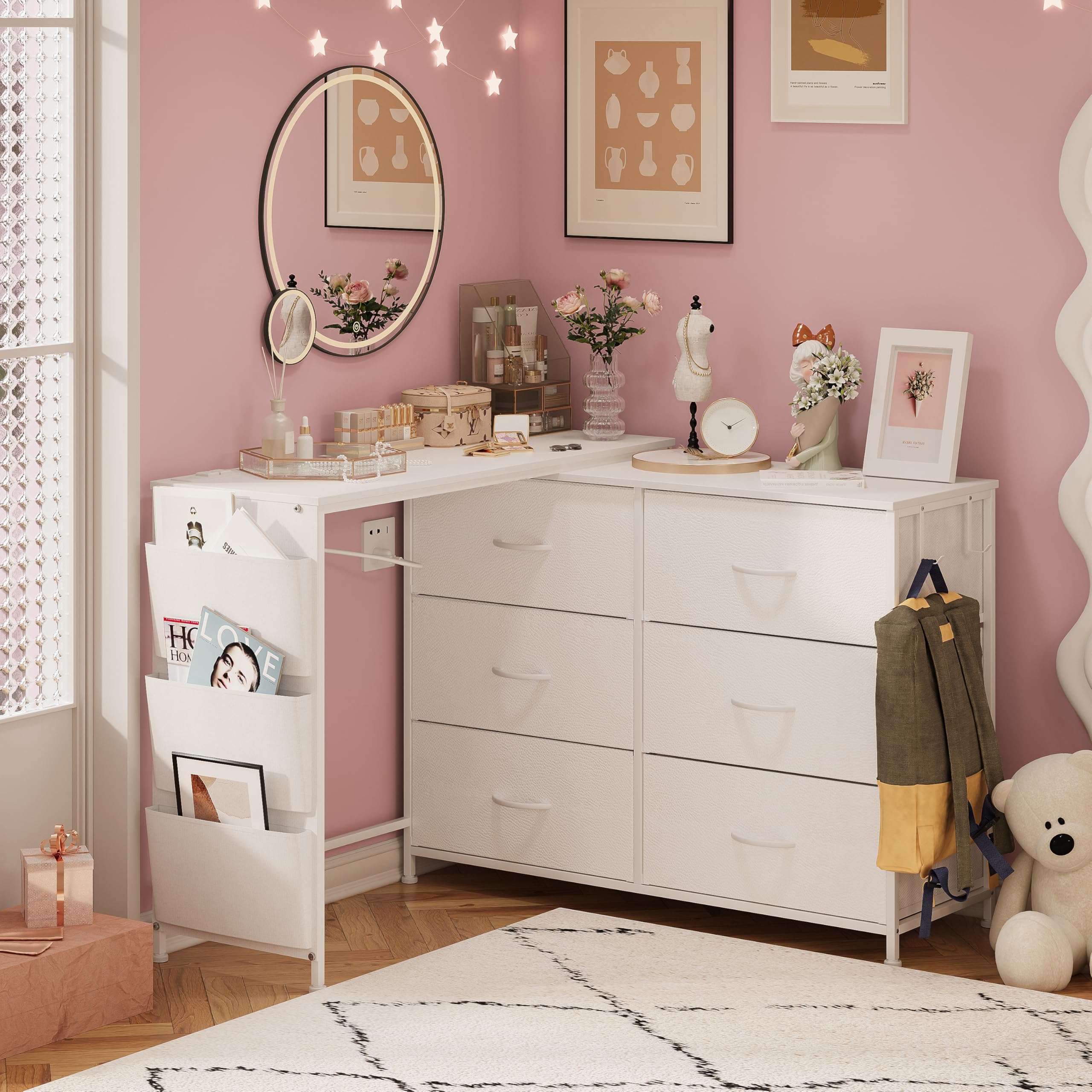White L-Shaped Makeup Vanity Desk with 6 Storage Drawers, Built-in Power Outlet, Side Pockets and Hooks, Multi-Functional Bedroom Dressing Table Computer Desk