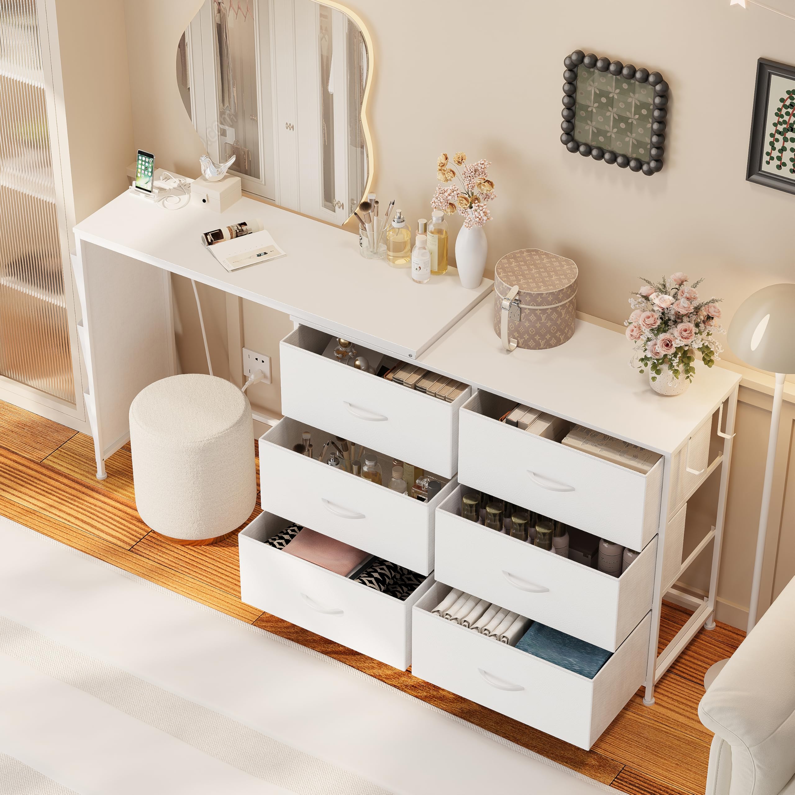 White L-Shaped Makeup Vanity Desk with 6 Storage Drawers, Built-in Power Outlet, Side Pockets and Hooks, Multi-Functional Bedroom Dressing Table Computer Desk