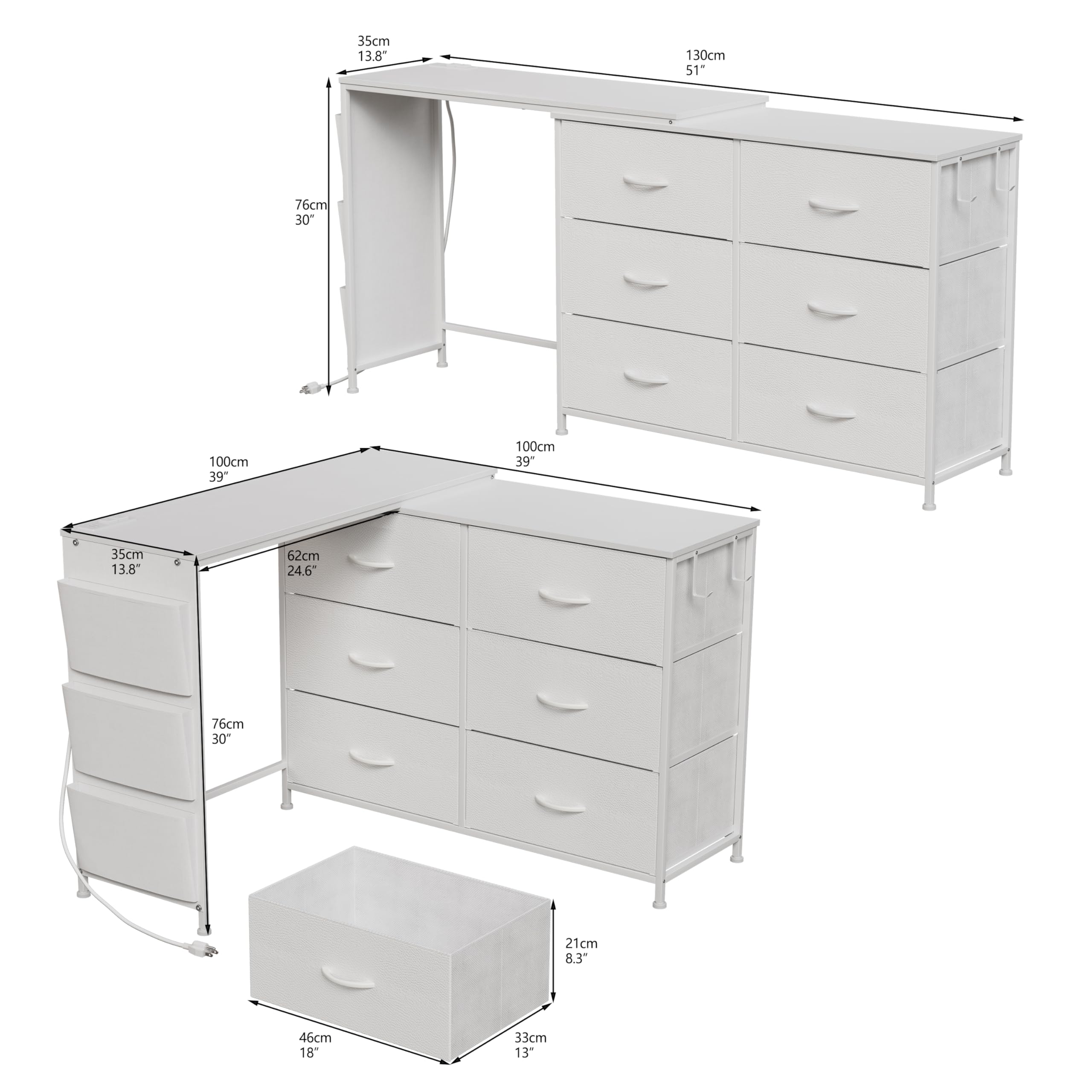 White L-Shaped Makeup Vanity Desk with 6 Storage Drawers, Built-in Power Outlet, Side Pockets and Hooks, Multi-Functional Bedroom Dressing Table Computer Desk