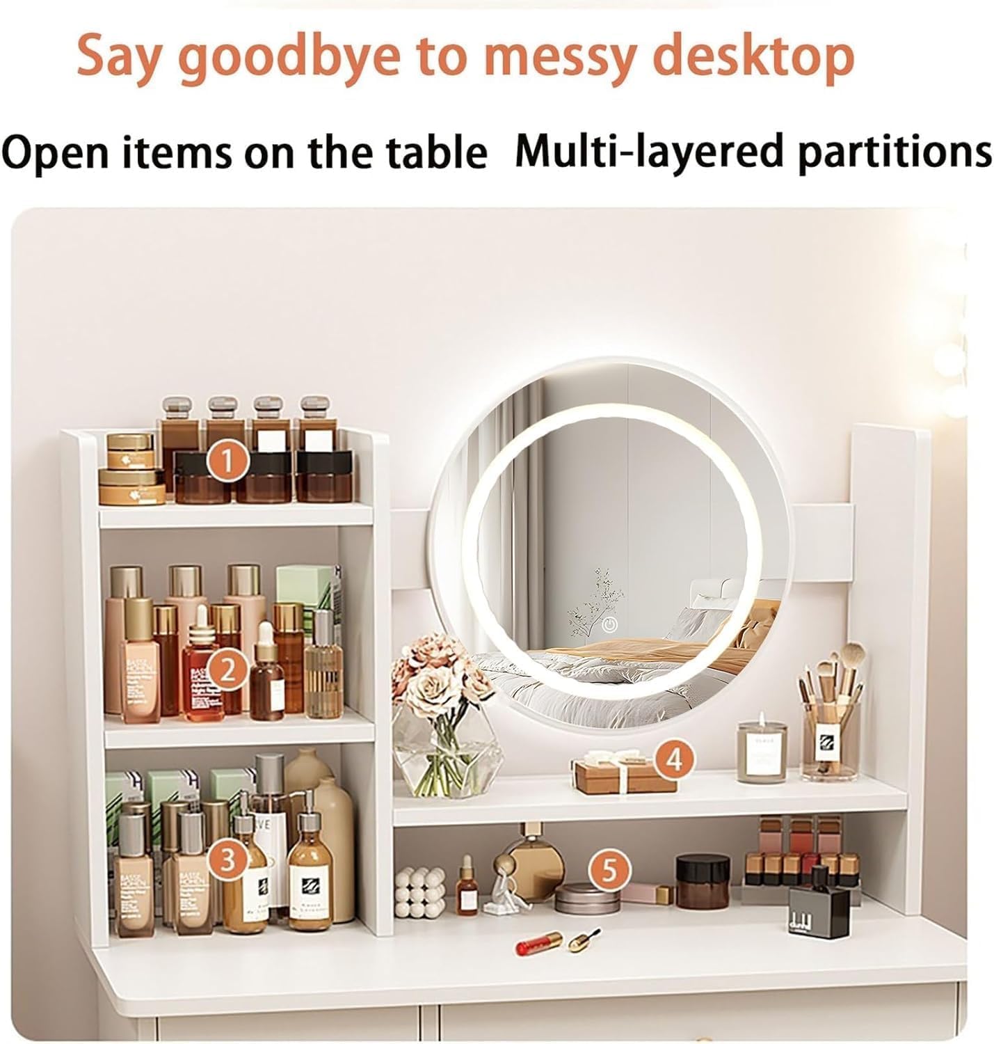 Round 3 Brightness LED Mirror Makeup Vanity Table, White Multi-Layer Storage Dressing Table with Drawer & Cabinet