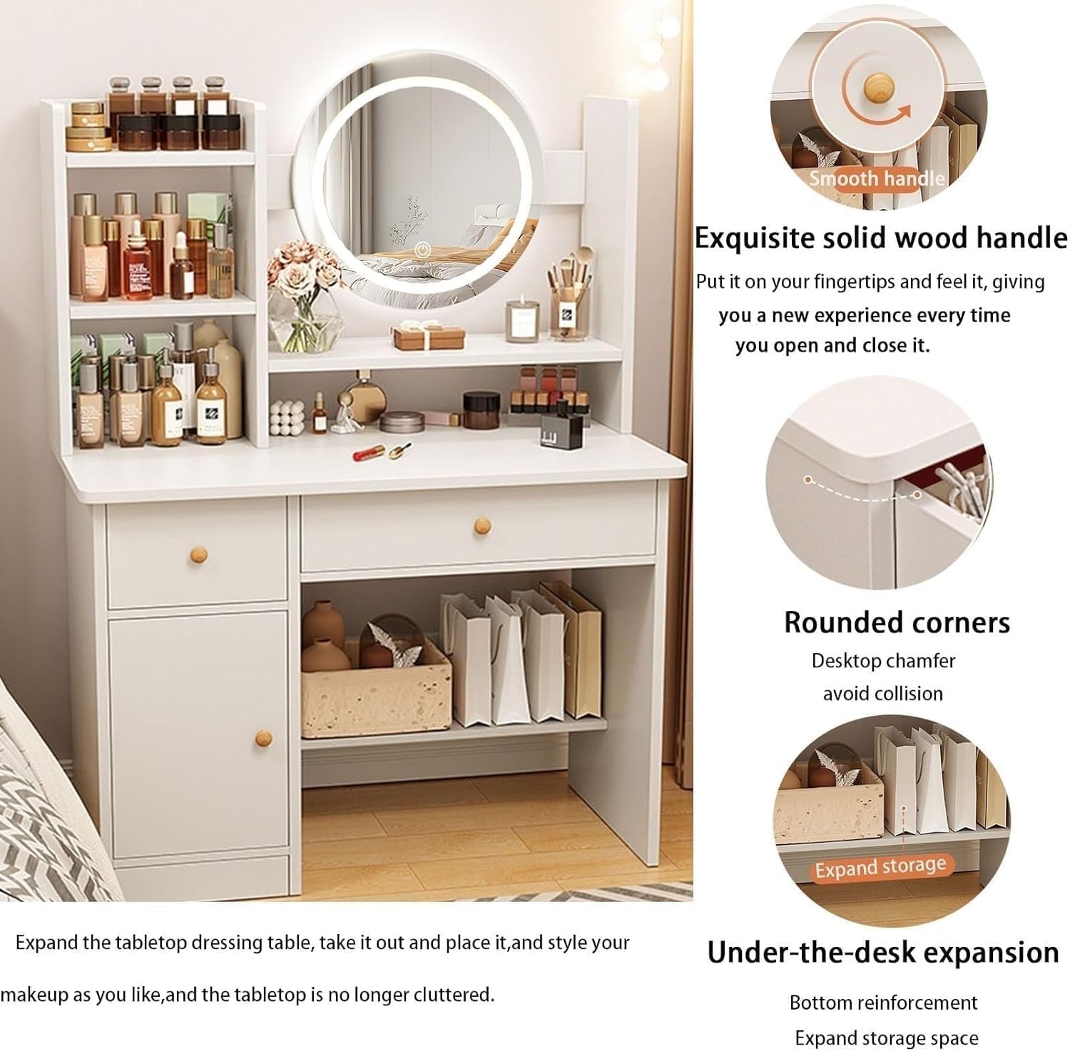 Round 3 Brightness LED Mirror Makeup Vanity Table, White Multi-Layer Storage Dressing Table with Drawer & Cabinet
