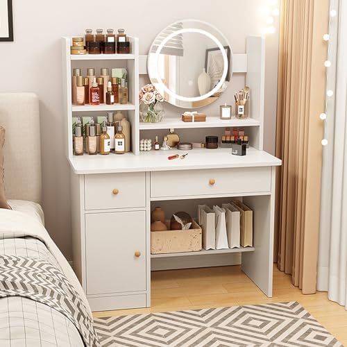 Round 3 Brightness LED Mirror Makeup Vanity Table, White Multi-Layer Storage Dressing Table with Drawer & Cabinet