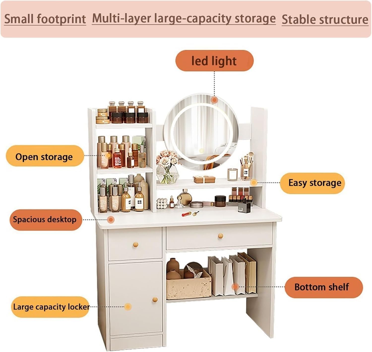 Round 3 Brightness LED Mirror Makeup Vanity Table, White Multi-Layer Storage Dressing Table with Drawer & Cabinet