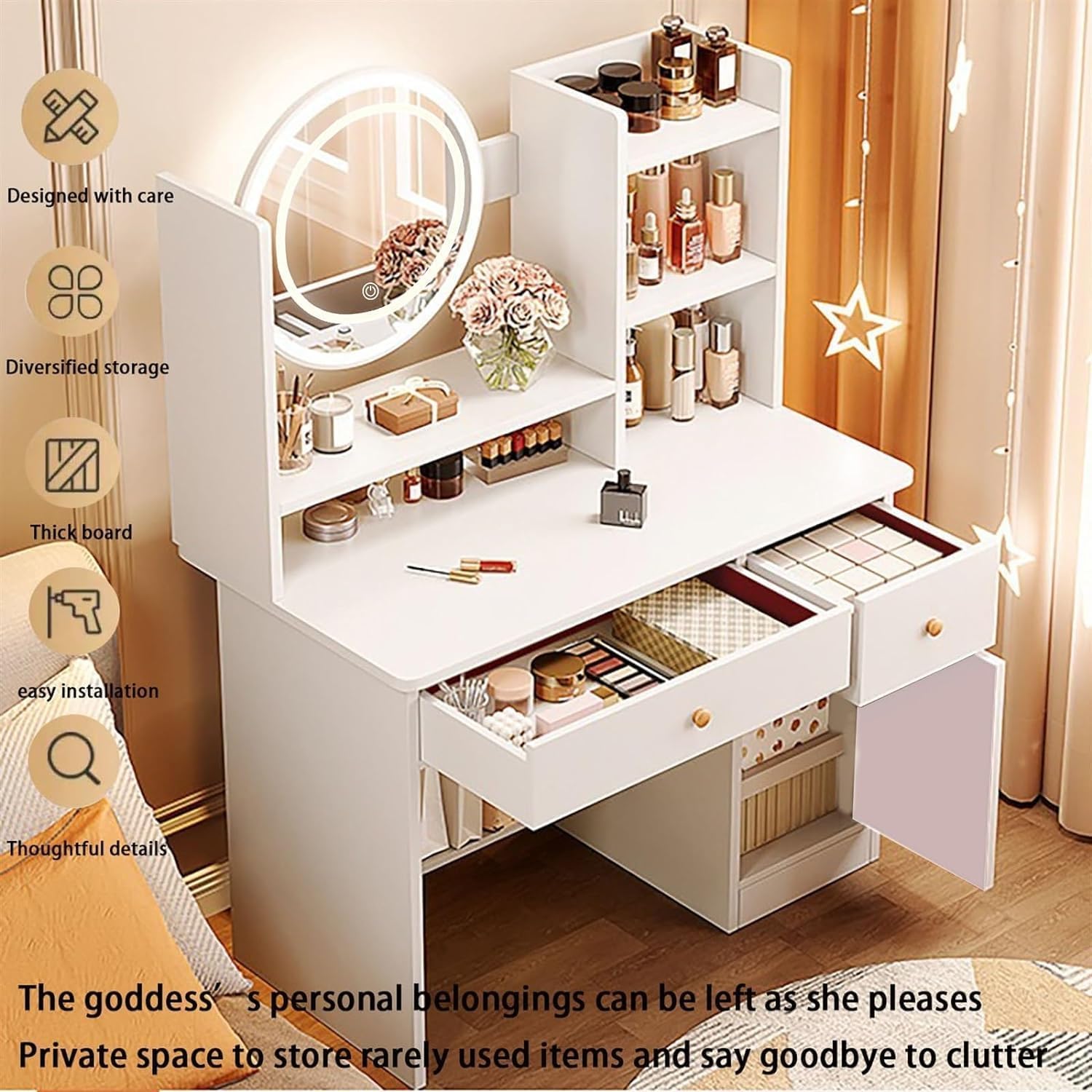 Round 3 Brightness LED Mirror Makeup Vanity Table, White Multi-Layer Storage Dressing Table with Drawer & Cabinet