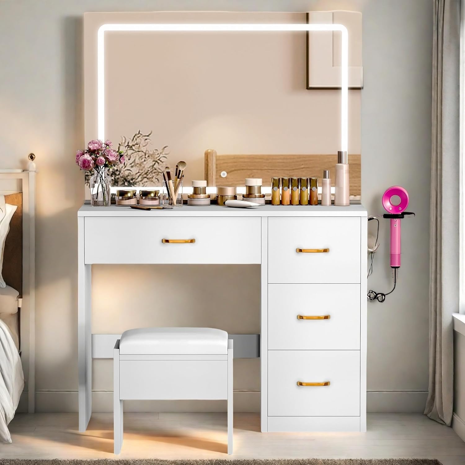 White Complete Makeup Vanity Table with Large Surround LED Mirror, 3 Color Lights, 4 Storage Drawers Jewelry Grid, Built-in AC USB Charging Ports Hair Dryer Hook & Padded Stool Bedroom Dressing Table Set