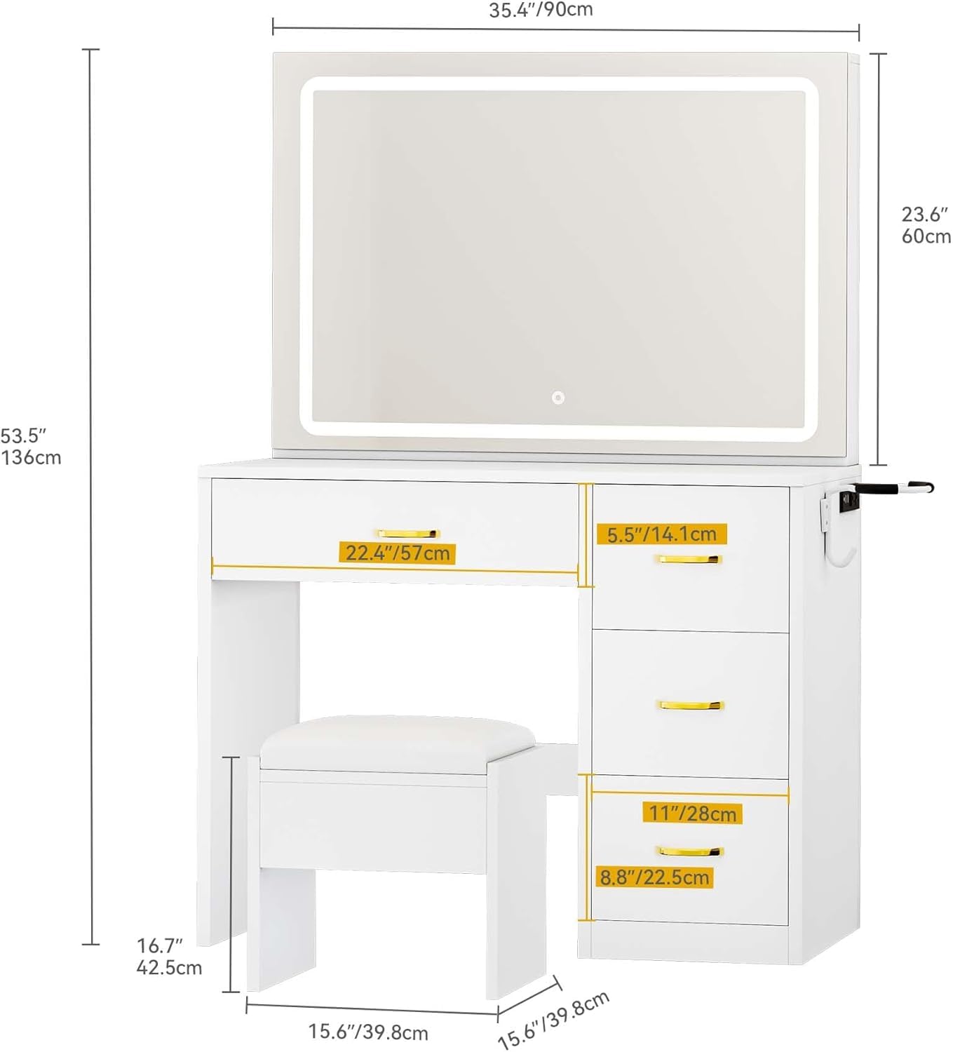 White Complete Makeup Vanity Table with Large Surround LED Mirror, 3 Color Lights, 4 Storage Drawers Jewelry Grid, Built-in AC USB Charging Ports Hair Dryer Hook & Padded Stool Bedroom Dressing Table Set