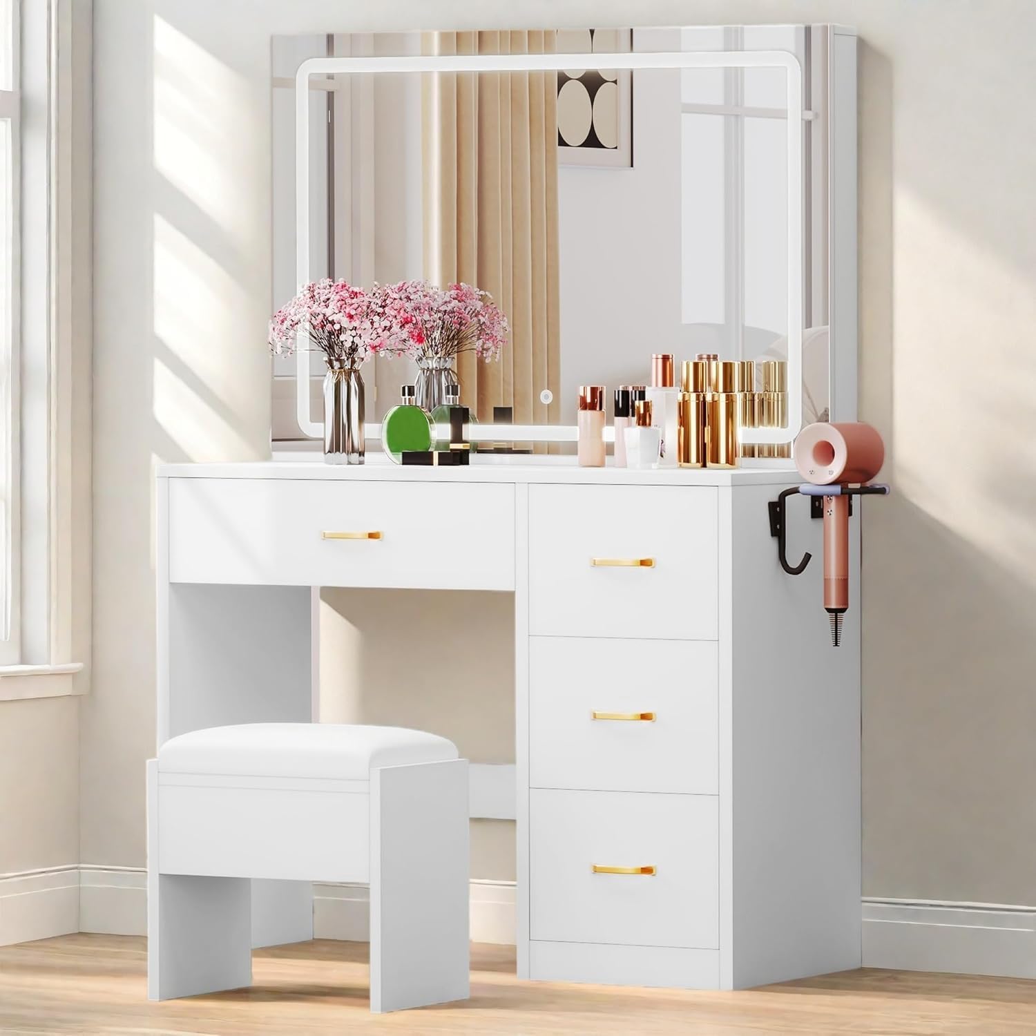 White Complete Makeup Vanity Table with Large Surround LED Mirror, 3 Color Lights, 4 Storage Drawers Jewelry Grid, Built-in AC USB Charging Ports Hair Dryer Hook & Padded Stool Bedroom Dressing Table Set