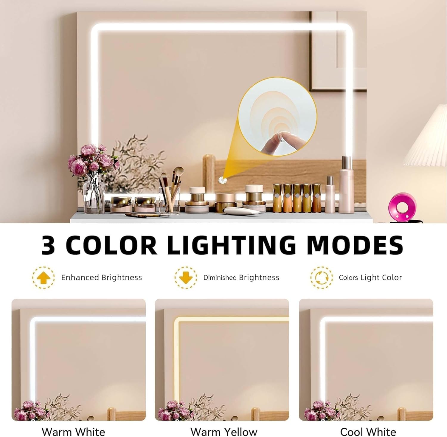 White Complete Makeup Vanity Table with Large Surround LED Mirror, 3 Color Lights, 4 Storage Drawers Jewelry Grid, Built-in AC USB Charging Ports Hair Dryer Hook & Padded Stool Bedroom Dressing Table Set