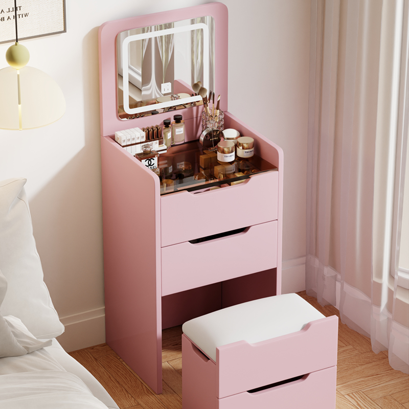 Flip top hidden LED mirror makeup vanity Flip Top Hidden LED Mirror Vanity, Slim Narrow Compact Foldable Dressing Table with Drawers