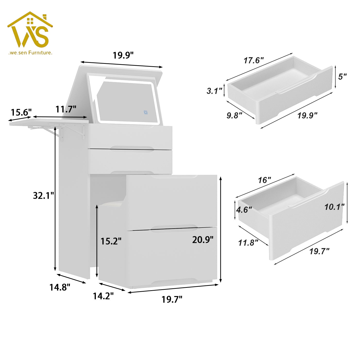 Flip top hidden LED mirror makeup vanity Flip Top Hidden LED Mirror Vanity, Slim Narrow Compact Foldable Dressing Table with Drawers