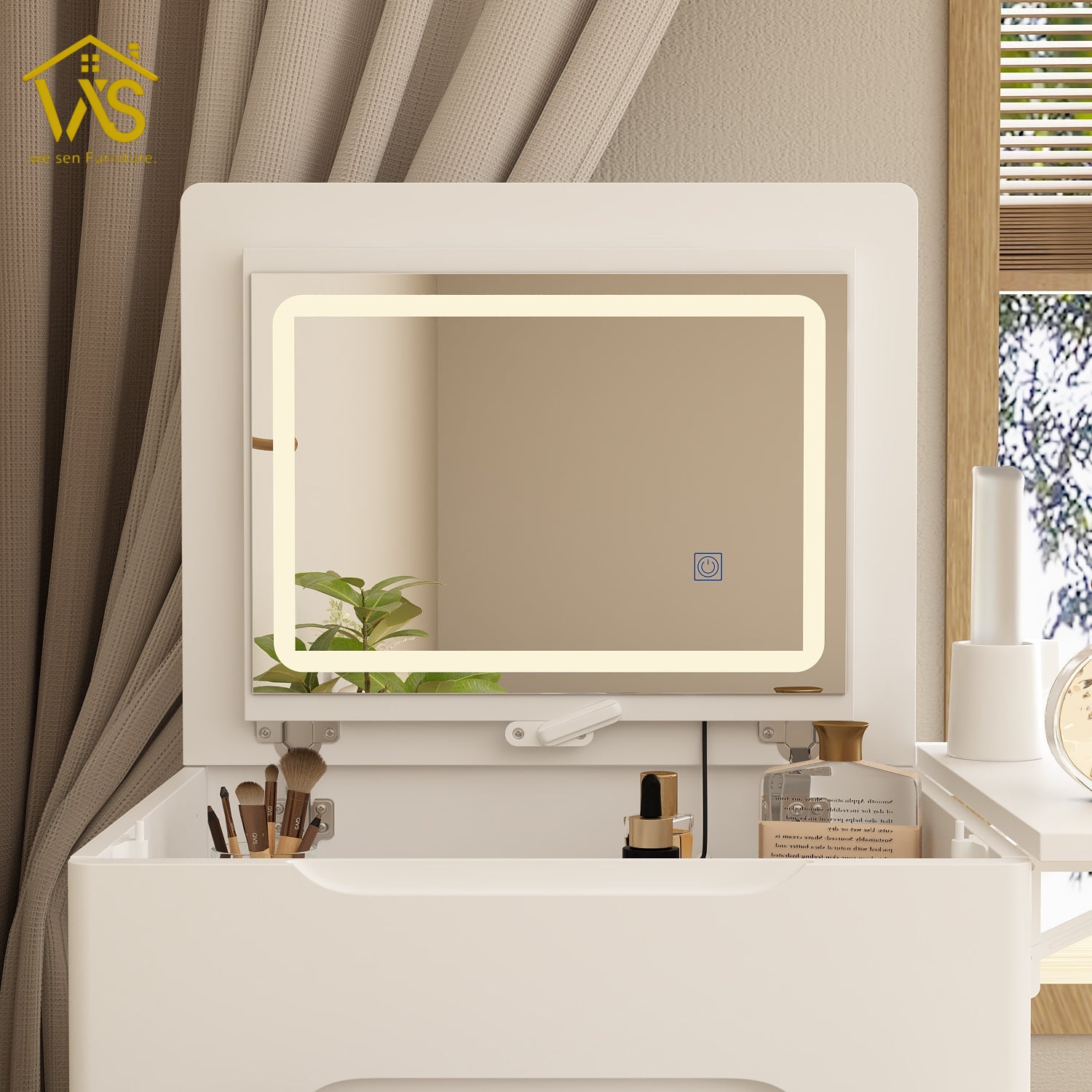 Flip top hidden LED mirror makeup vanity Flip Top Hidden LED Mirror Vanity, Slim Narrow Compact Foldable Dressing Table with Drawers