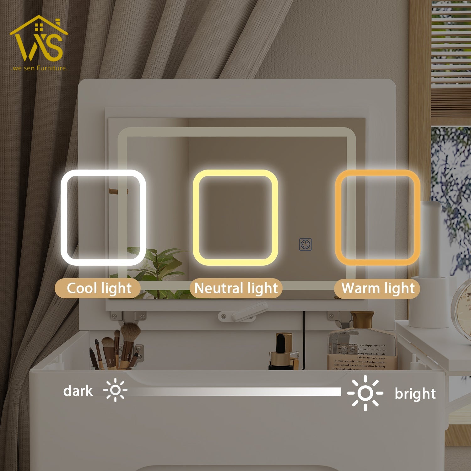 Flip top hidden LED mirror makeup vanity Flip Top Hidden LED Mirror Vanity, Slim Narrow Compact Foldable Dressing Table with Drawers
