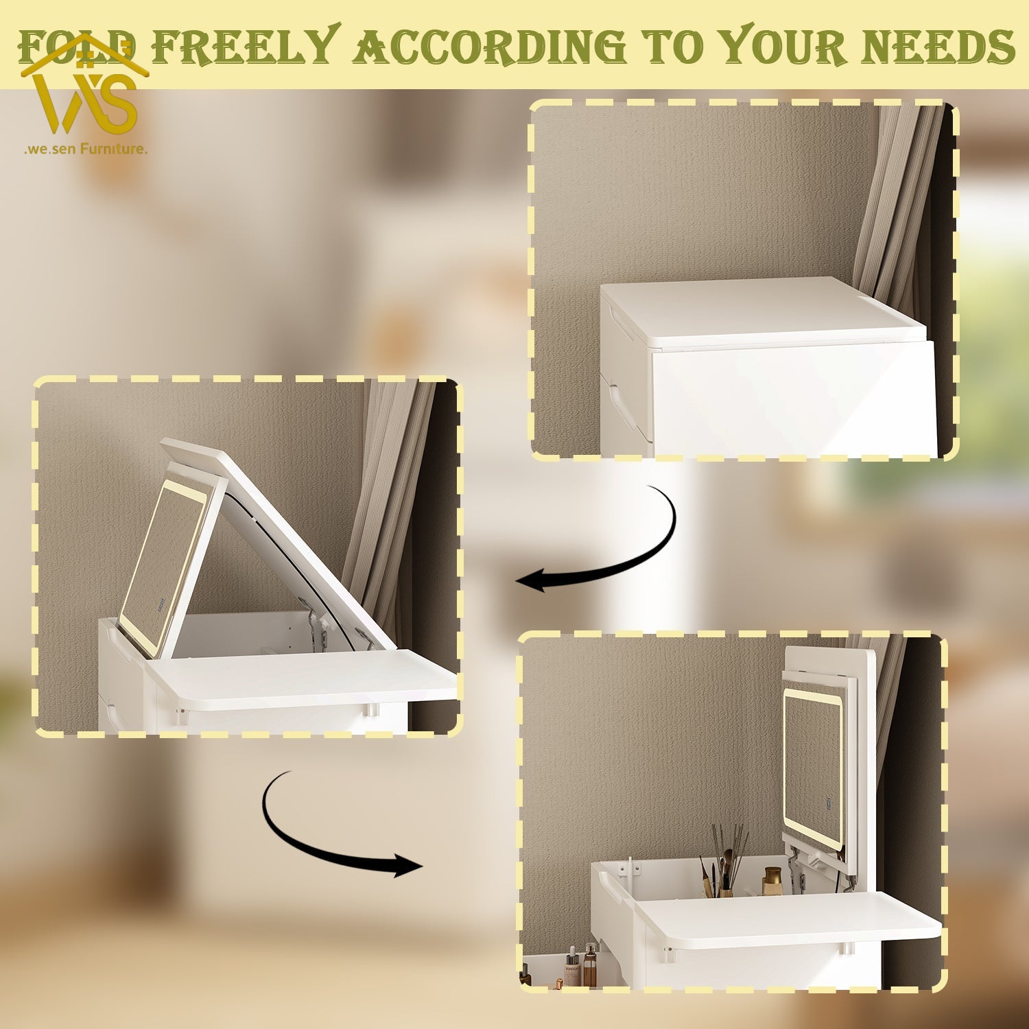 Flip top hidden LED mirror makeup vanity Flip Top Hidden LED Mirror Vanity, Slim Narrow Compact Foldable Dressing Table with Drawers