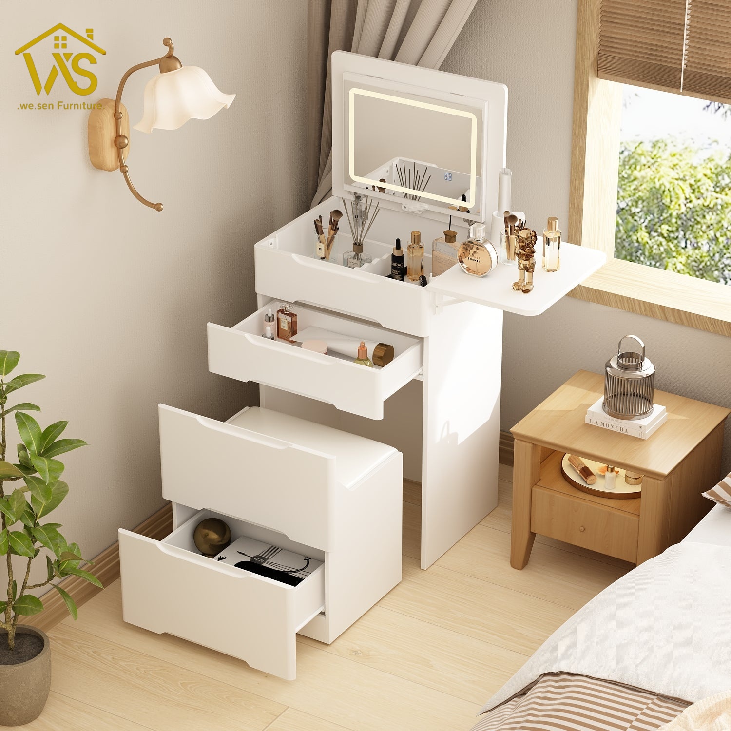 Flip top hidden LED mirror makeup vanity Flip Top Hidden LED Mirror Vanity, Slim Narrow Compact Foldable Dressing Table with Drawers