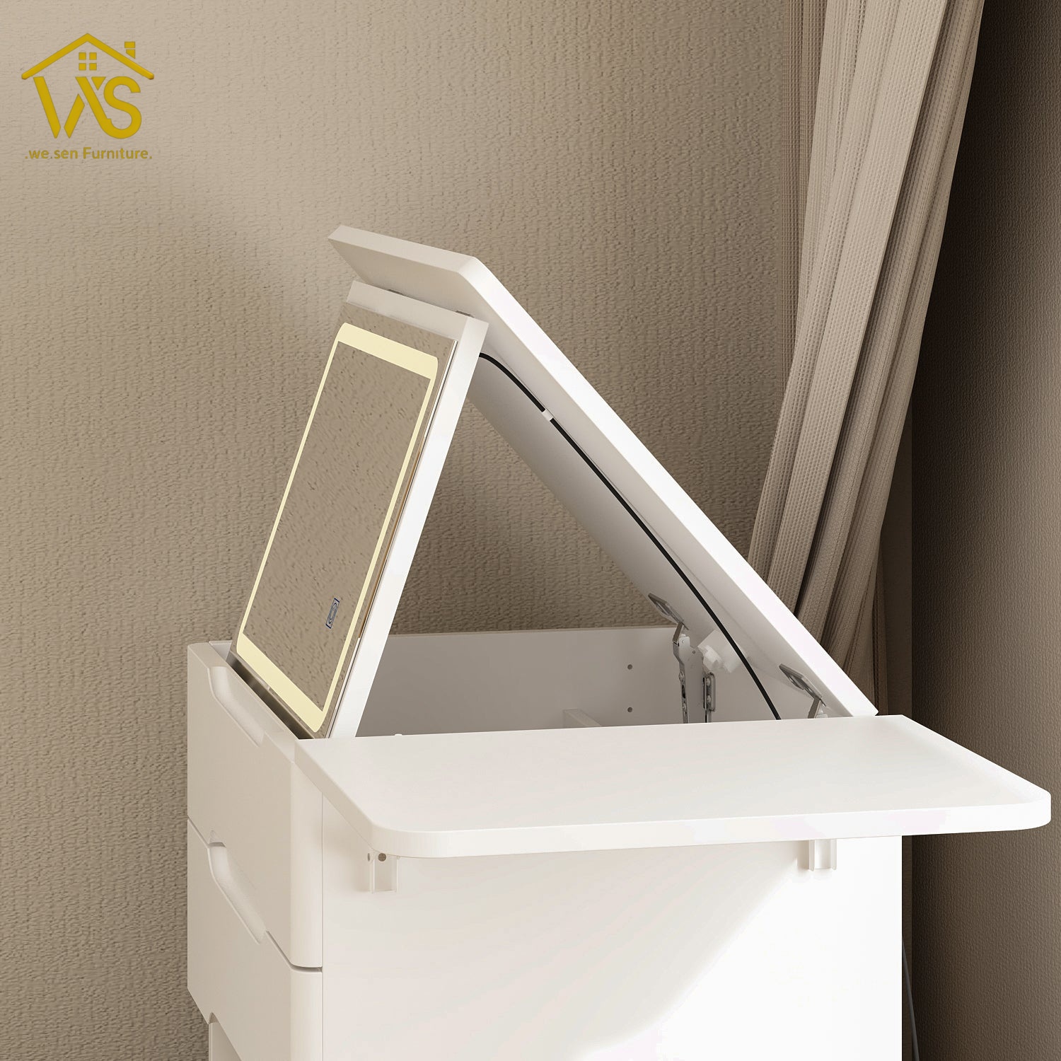 Flip top hidden LED mirror makeup vanity Flip Top Hidden LED Mirror Vanity, Slim Narrow Compact Foldable Dressing Table with Drawers