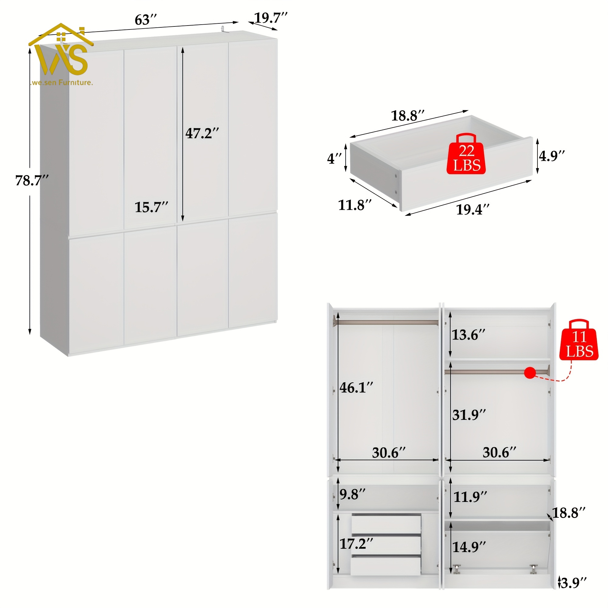 63 Inch Wide Minimalist Tall Bedroom Wardrobe Cabinet, 4 Flat Panel Doors Dual Hanging Zones Pull-Out Drawers Adjustable Laminate Shelves Freestanding Multi-Compartment Clothes Storage Closet for Apartment