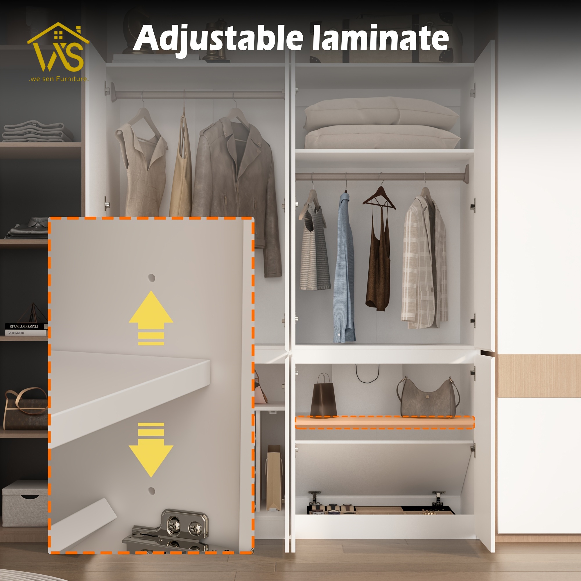 63 Inch Wide Minimalist Tall Bedroom Wardrobe Cabinet, 4 Flat Panel Doors Dual Hanging Zones Pull-Out Drawers Adjustable Laminate Shelves Freestanding Multi-Compartment Clothes Storage Closet for Apartment