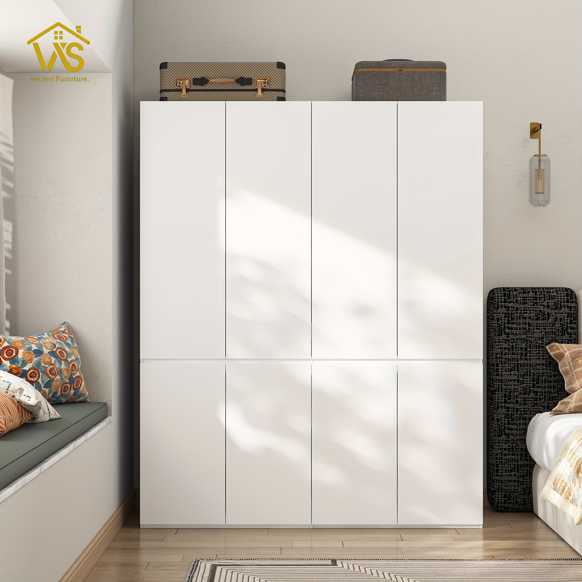 63 Inch Wide Minimalist Tall Bedroom Wardrobe Cabinet, 4 Flat Panel Doors Dual Hanging Zones Pull-Out Drawers Adjustable Laminate Shelves Freestanding Multi-Compartment Clothes Storage Closet for Apartment