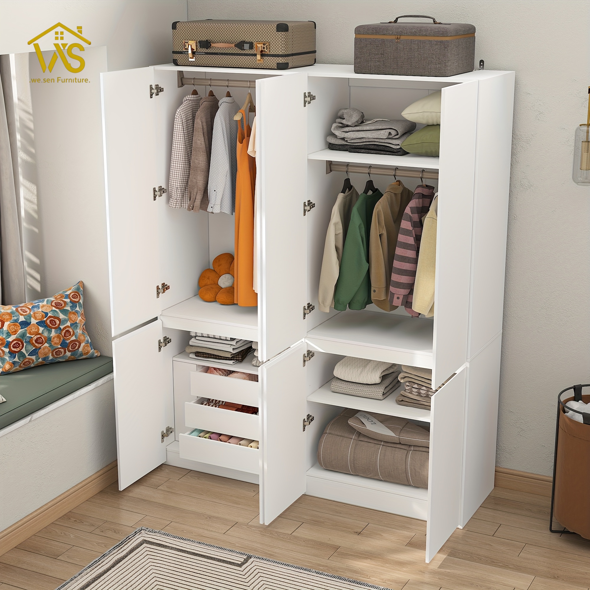 63 Inch Wide Minimalist Tall Bedroom Wardrobe Cabinet, 4 Flat Panel Doors Dual Hanging Zones Pull-Out Drawers Adjustable Laminate Shelves Freestanding Multi-Compartment Clothes Storage Closet for Apartment