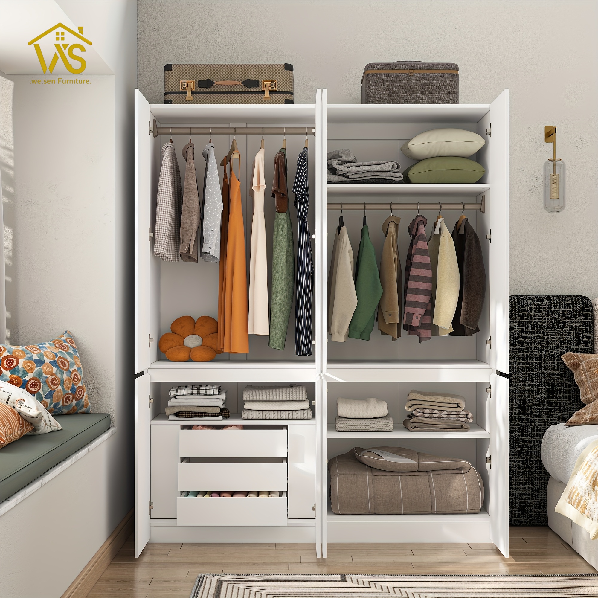 63 Inch Wide Minimalist Tall Bedroom Wardrobe Cabinet, 4 Flat Panel Doors Dual Hanging Zones Pull-Out Drawers Adjustable Laminate Shelves Freestanding Multi-Compartment Clothes Storage Closet for Apartment