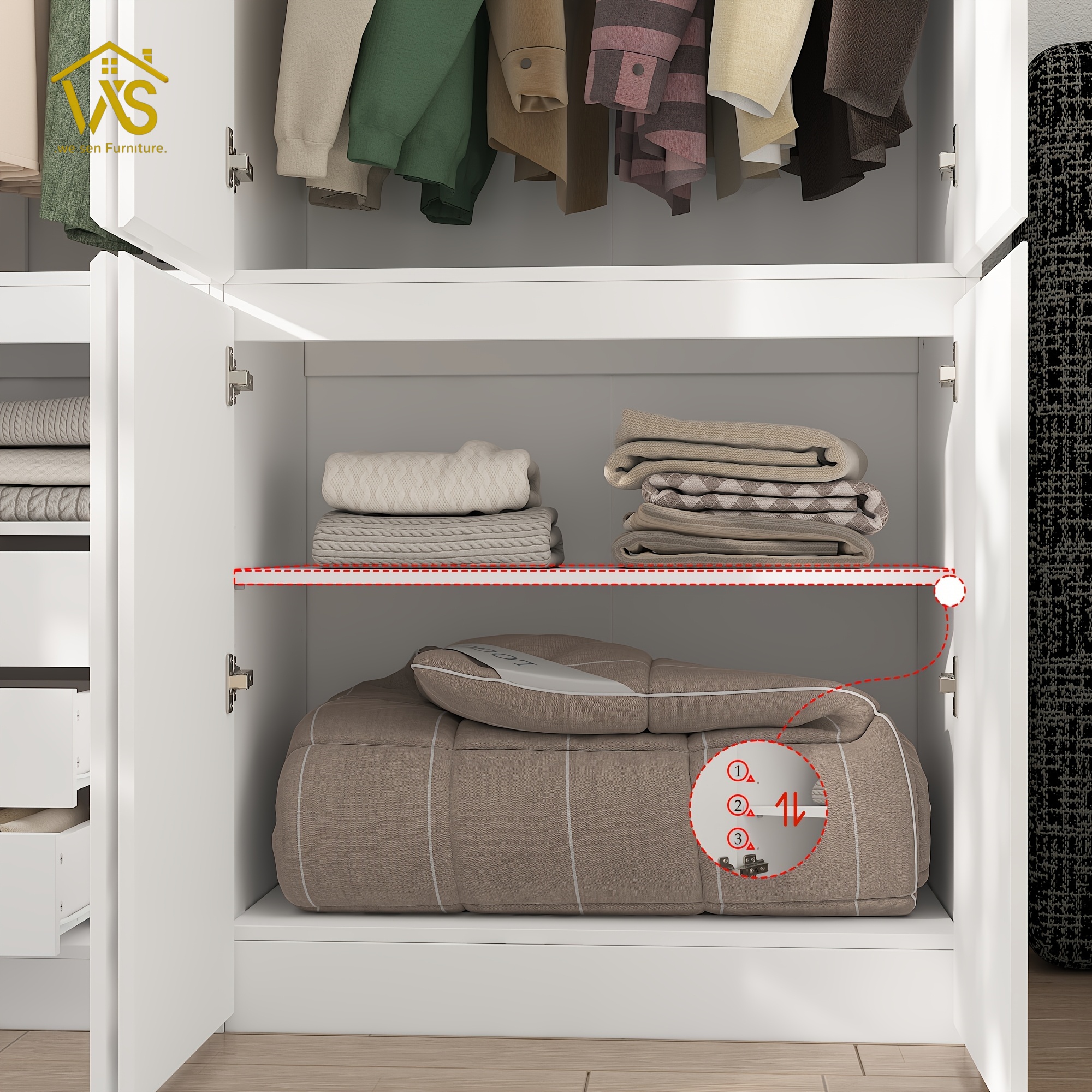 63 Inch Wide Minimalist Tall Bedroom Wardrobe Cabinet, 4 Flat Panel Doors Dual Hanging Zones Pull-Out Drawers Adjustable Laminate Shelves Freestanding Multi-Compartment Clothes Storage Closet for Apartment