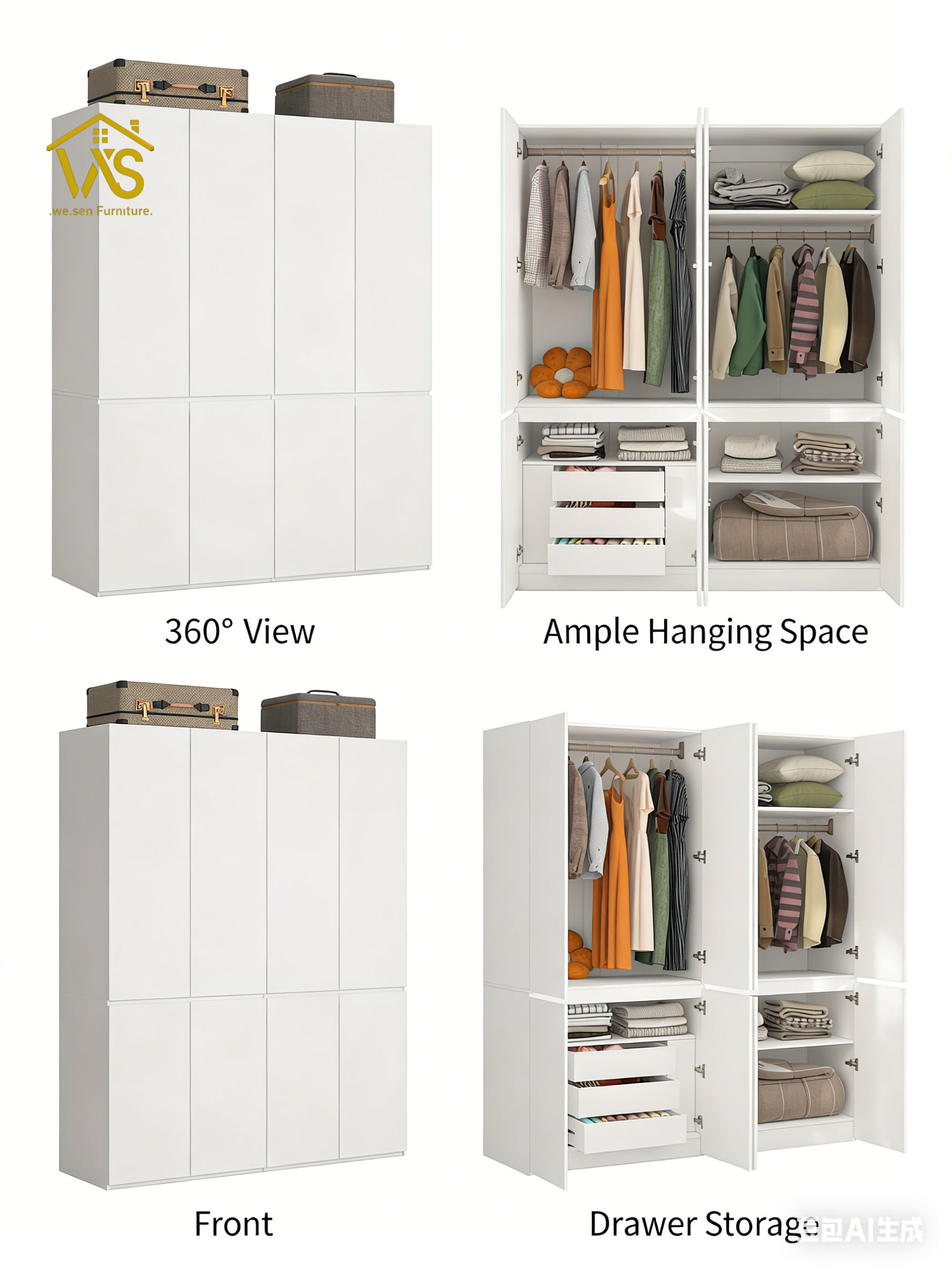 63 Inch Wide Minimalist Tall Bedroom Wardrobe Cabinet, 4 Flat Panel Doors Dual Hanging Zones Pull-Out Drawers Adjustable Laminate Shelves Freestanding Multi-Compartment Clothes Storage Closet for Apartment