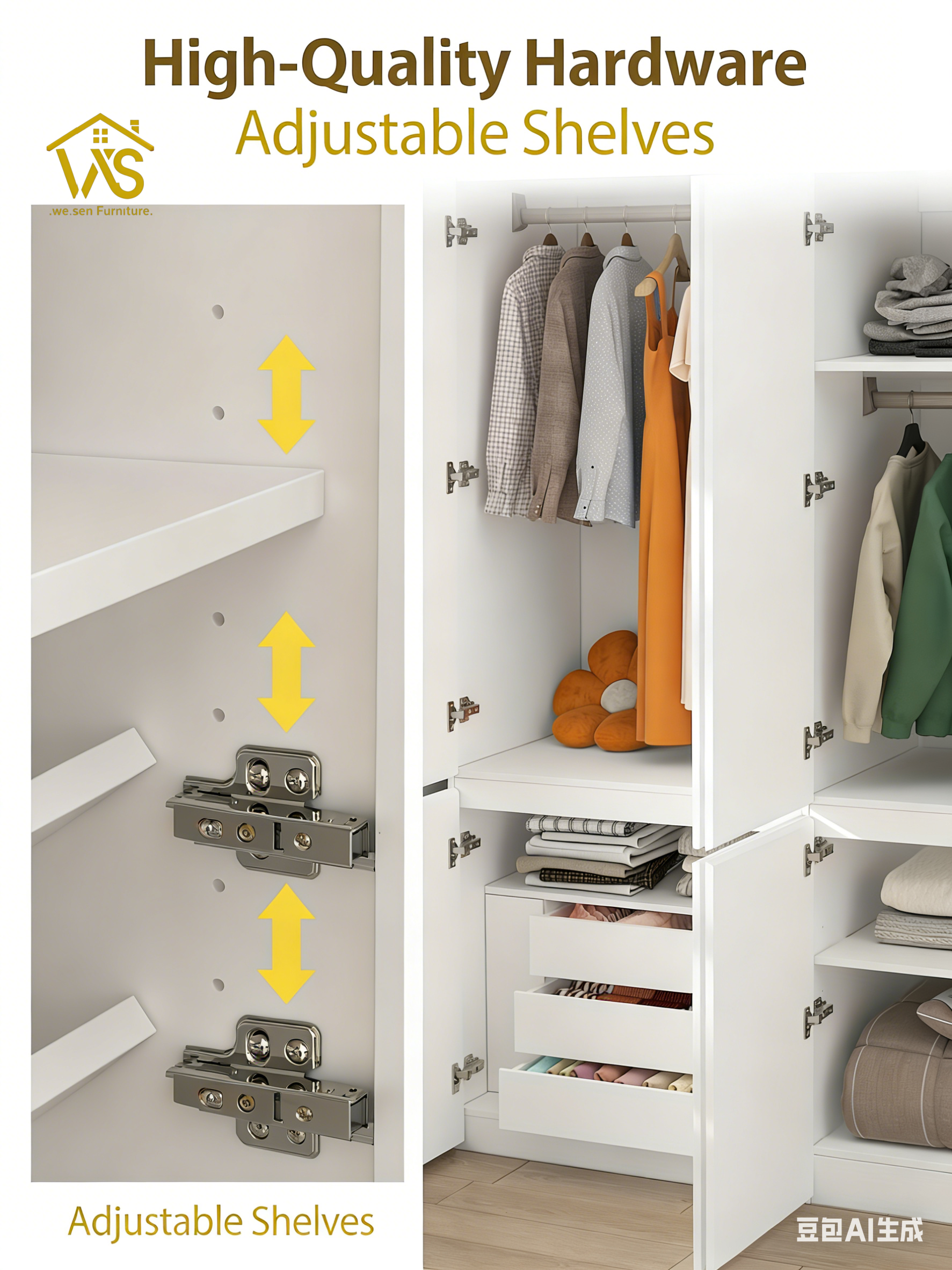 63 Inch Wide Minimalist Tall Bedroom Wardrobe Cabinet, 4 Flat Panel Doors Dual Hanging Zones Pull-Out Drawers Adjustable Laminate Shelves Freestanding Multi-Compartment Clothes Storage Closet for Apartment