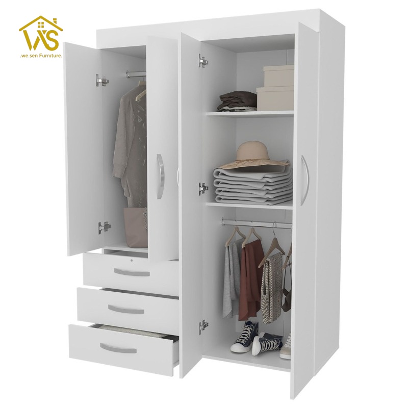 White 4 door wardrobe closet with 3 bottom storage drawers, double hanging zones and adjustable shelves
