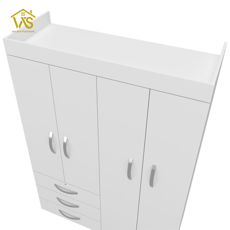 White 4 door wardrobe closet with 3 bottom storage drawers, double hanging zones and adjustable shelves